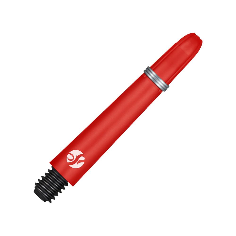 Auf dem Bild ist ein roter Carbon-Schaft für Dartpfeile zu sehen. Er hat ein silbernes Ringdetail und ein schwarzes Schraubgewinde am Ende.