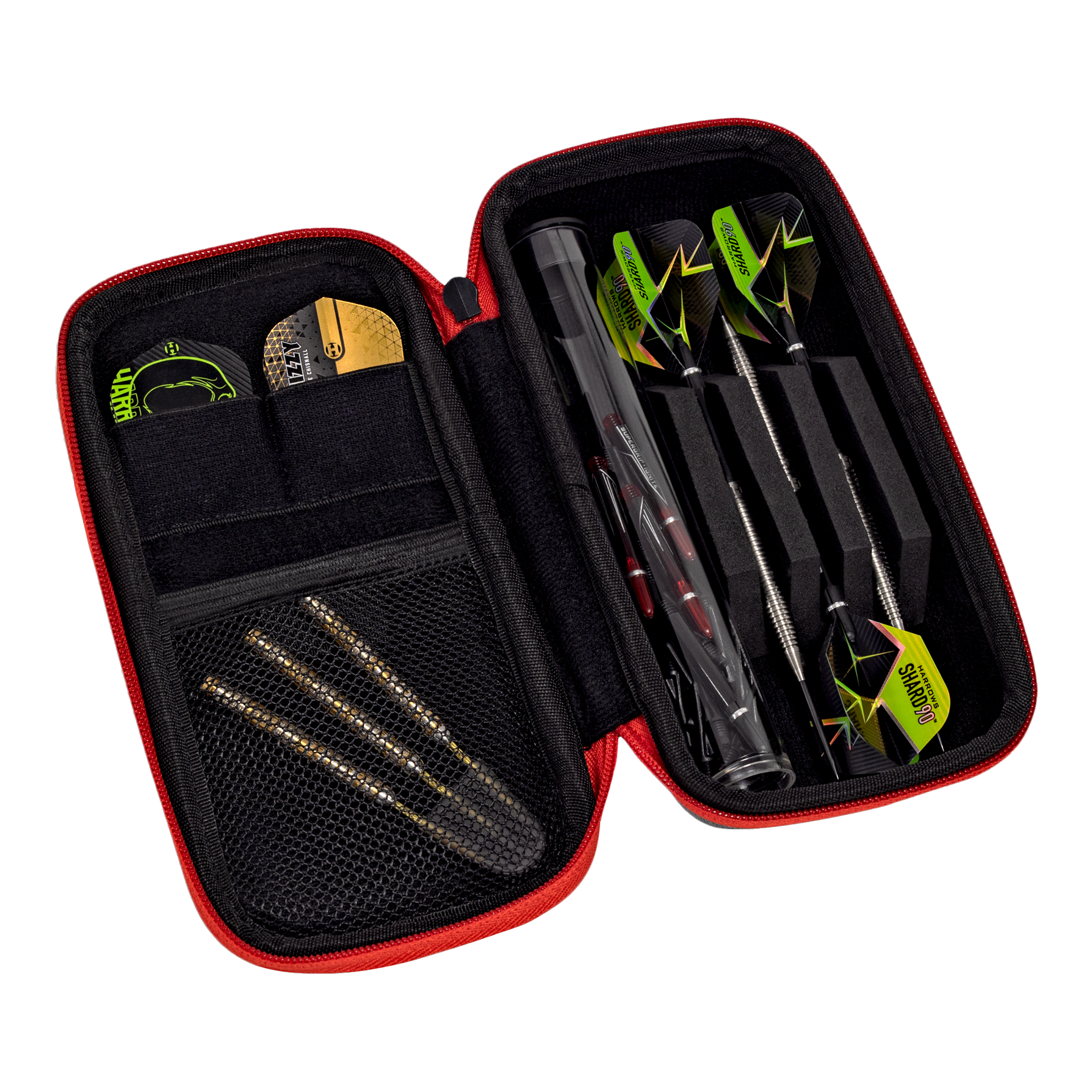 Portafoglio Smart Case Harrows Das Bild zeigt ein geöffnetes Dart-Case mit allerlei Zubehör. Auf der rechten Seite sind drei zusammengebaute Dartpfeile ordentlich verstaut.