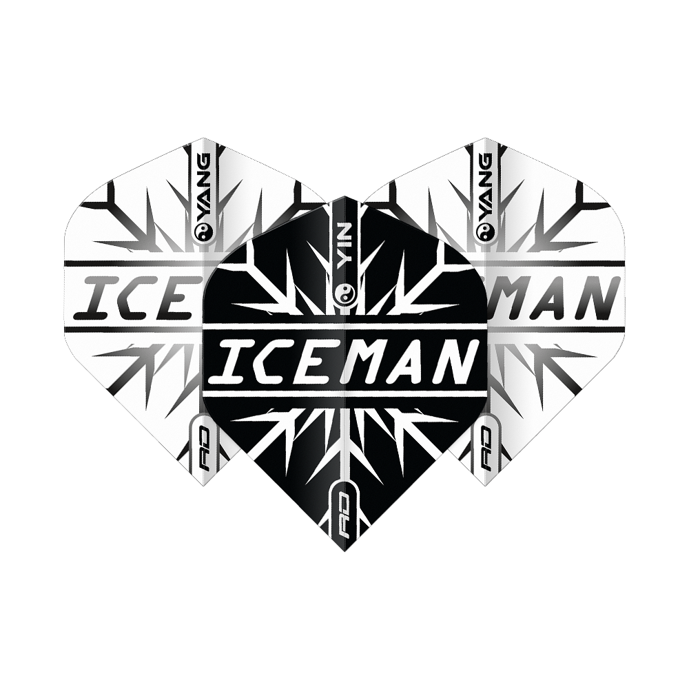 Red Dragon Gerwyn Price Iceman Nero Bianco Yin Yang Voli Standard Das Bild zeigt Dart-Flights in einem Yin-Yang-Design in Schwarz und Weiß mit dem Schriftzug "ICEMAN" in der Mitte. Das Muster erinnert an Eiskristalle und trägt das Markenlogo "Red Dragon".