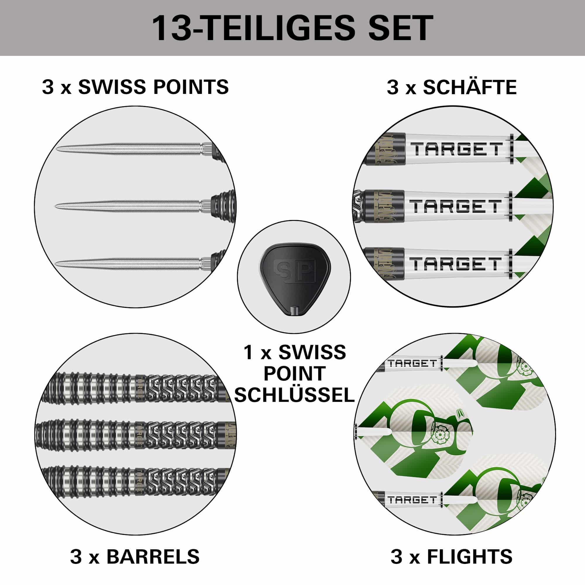 Freccette in acciaio Target Charlie Manby Swiss Points Das Bild zeigt die Target Charlie Manby Swiss Points Steeldarts. Sie eignen sich für professionelle Dartspieler.
