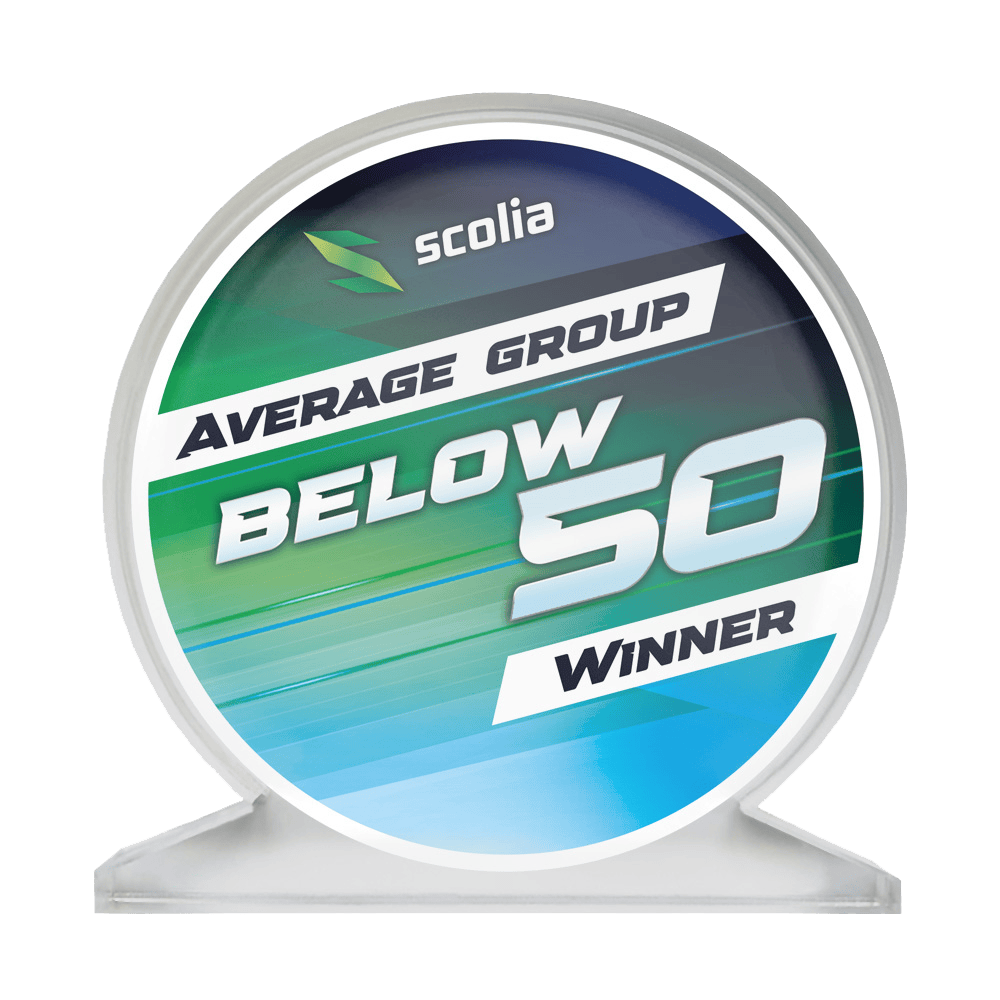 Trofeo in vetro acrilico Scolia - Vincitore Abgebildet ist ein Acrylglas-Pokal mit der Aufschrift "SCOPO-B50 Scolia". Der Pokal ist für einen Average unter 50 bestimmt.