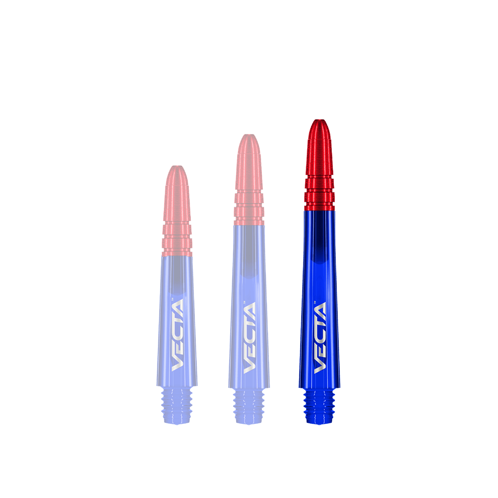 Alberi Winmau Vecta - Blu Rosso Das Bild zeigt drei Dartschäfte in den Farben Blau und Rot. Auf jedem Schaft steht der Schriftzug „VECTA“.