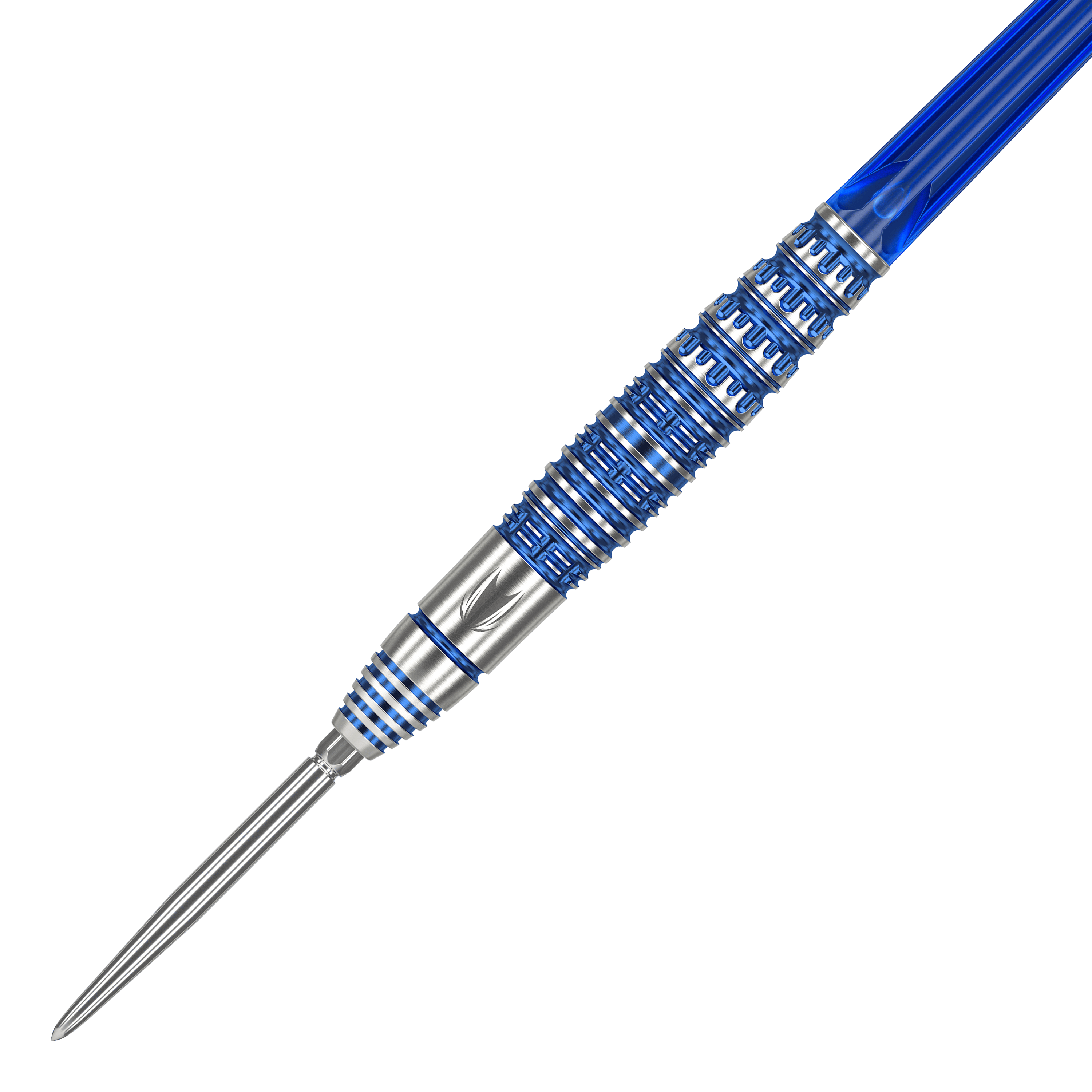 Target Japan Toru Suzuki Sereno GEN1 Swiss Point Steeldarts - 21 g Das Bild zeigt einen Target Japan Toru Suzuki Sereno GEN1 Swiss Point Steeldart mit 21g Gewicht. Der Dartpfeil ist silberfarben mit blauen Akzenten und hat ein auffälliges Rillenmuster am Barrel.
