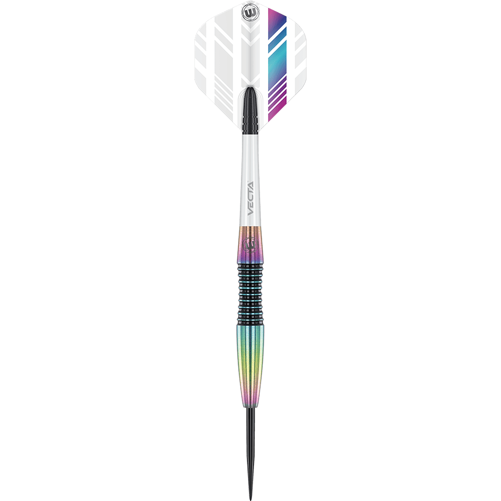 1451_Winmau_Elektra_Steeldarts_1k37Ld7xdjK6ib Das Bild zeigt einen Winmau Elektra Steeldartpfeil. Der Dart hat ein bunt-schimmerndes Barrel und einen weißen Flight mit violetten und blauen Streifen.