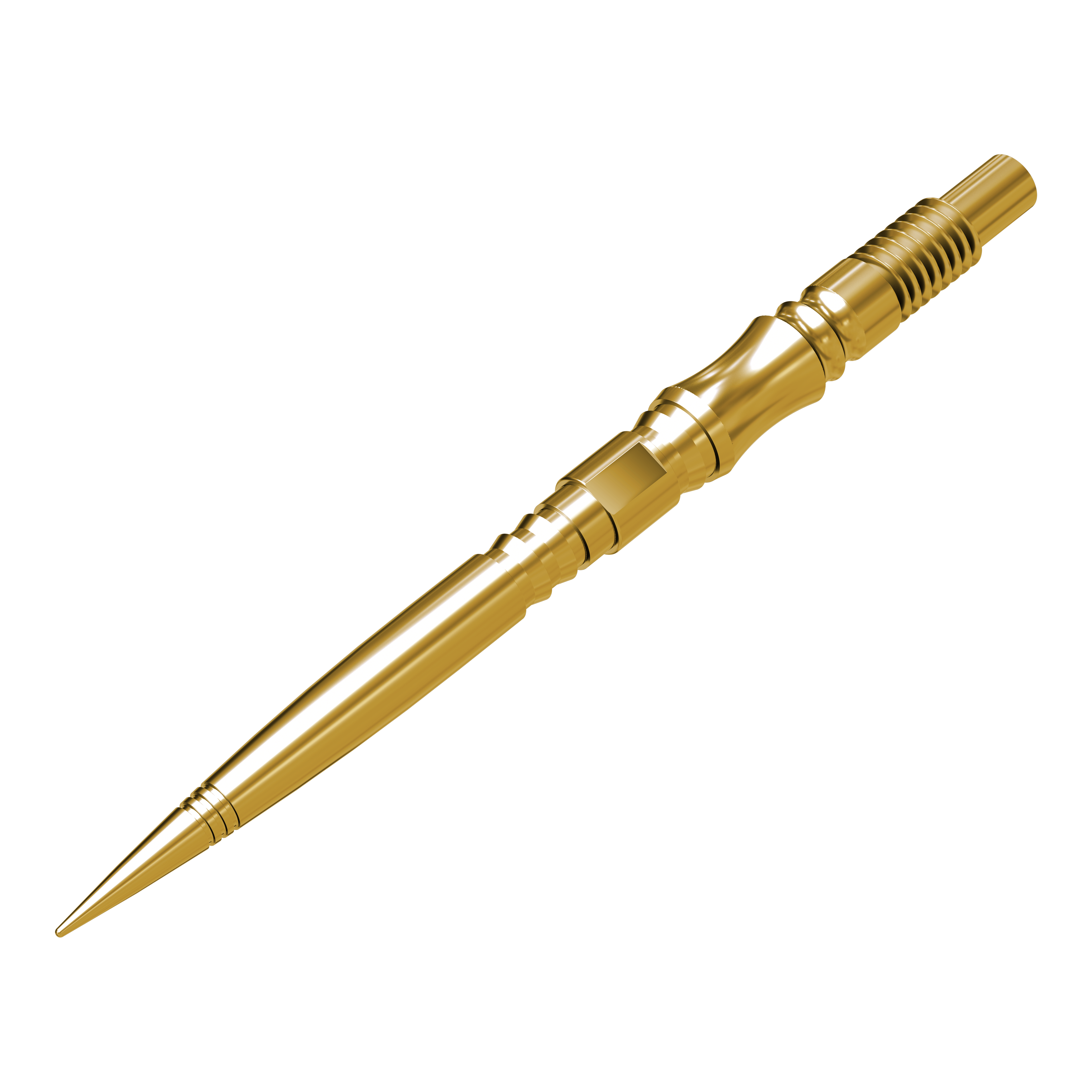 Die Harrows Quick Point Axis Elite Series Dartspitzen in Gold werden hier präsentiert. Die Dartspitzen liegen in einer Reihe und zeigen ihre metallische Farbe.