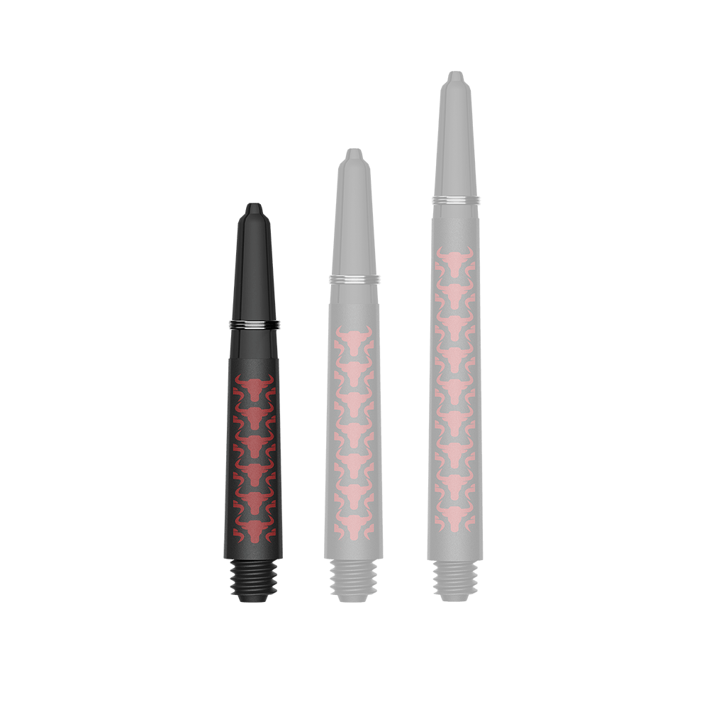 Aste in carbonio Bulls NL Capo - Rosse Zu sehen ist ein Dartzubehör, speziell eine Capo Carbon Shaft in Rot und kurzer Ausführung mit 34mm Länge. Das Produkt dient vermutlich als Teil eines Dartpfeils.