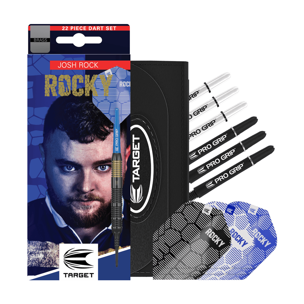 Freccette morbide Target Josh Rock Brass - 18 g Das Bild zeigt das Produkt "Target Josh Rock Brass Softdarts - 18g" mit Zubehör wie Flights und Shafts. Auf der Verpackung ist ein Porträt sowie der Name des Spielers Josh Rock zu sehen.
