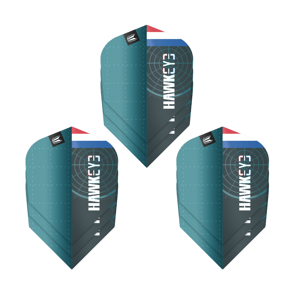 Target Pro Ultra Kevin Does GEN1 No6 Flights - 3 set Das Bild zeigt drei Sätze der Target Pro Ultra Kevin Doets GEN1 No6 Flights. Die Flights sind blau-grün und haben das Wort "Hawkeye" sowie ein Target-Design und eine kleine Flagge.