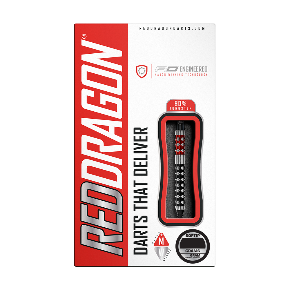 RD2549_Red_Dragon_Crossfire_Softdarts_3 Die Verpackung zeigt die "Red Dragon Crossfire Softdarts - 20g" mit einem modernen Design. Die Darts bestehen aus 90% Tungsten und sind für Softtip-Spiele geeignet.