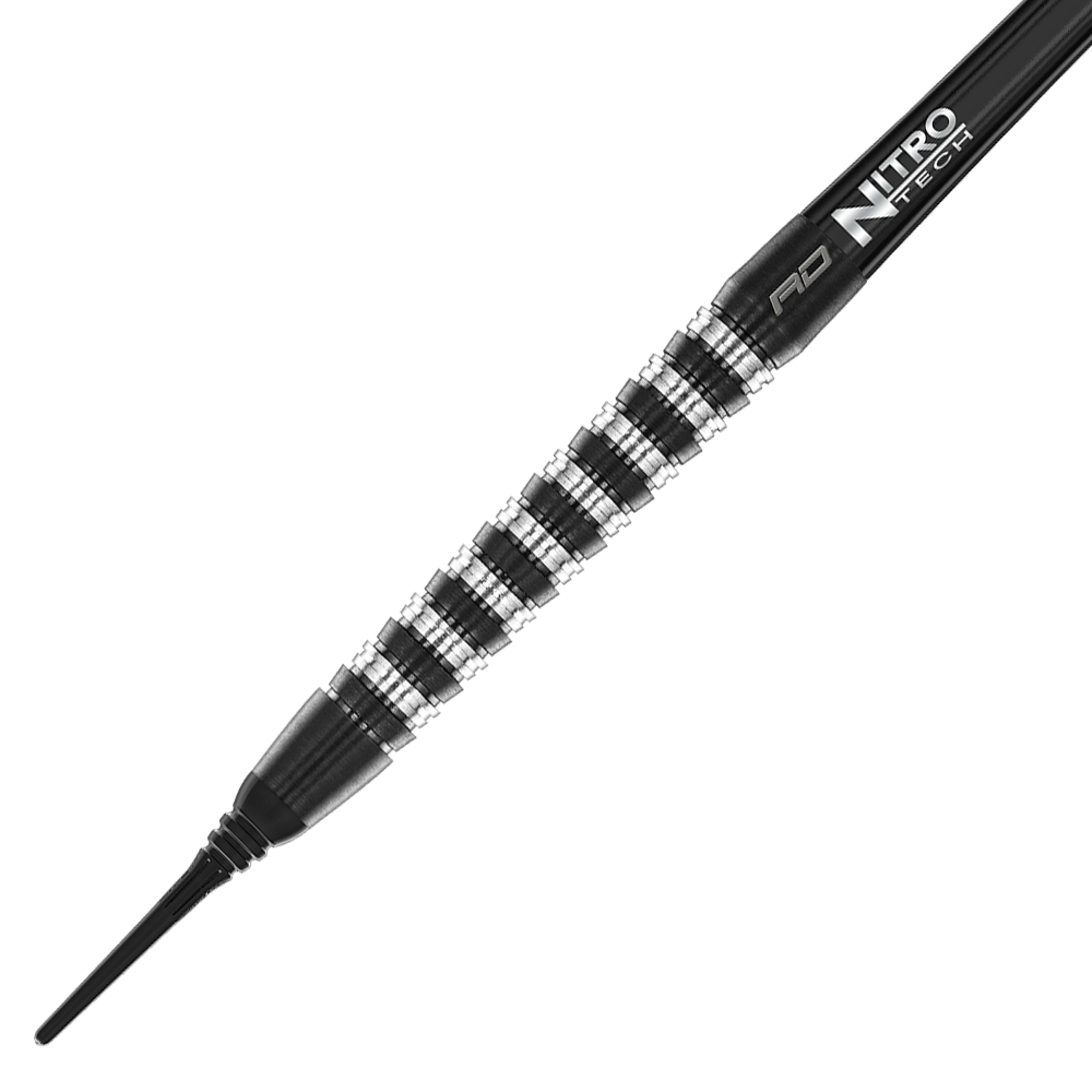 Das Bild zeigt den Red Dragon Razor Edge Elite Softdart mit einem Gewicht von 20 Gramm. Der Dart hat ein schwarzes und silbernes Rillen-Design sowie eine schwarze Spitze.