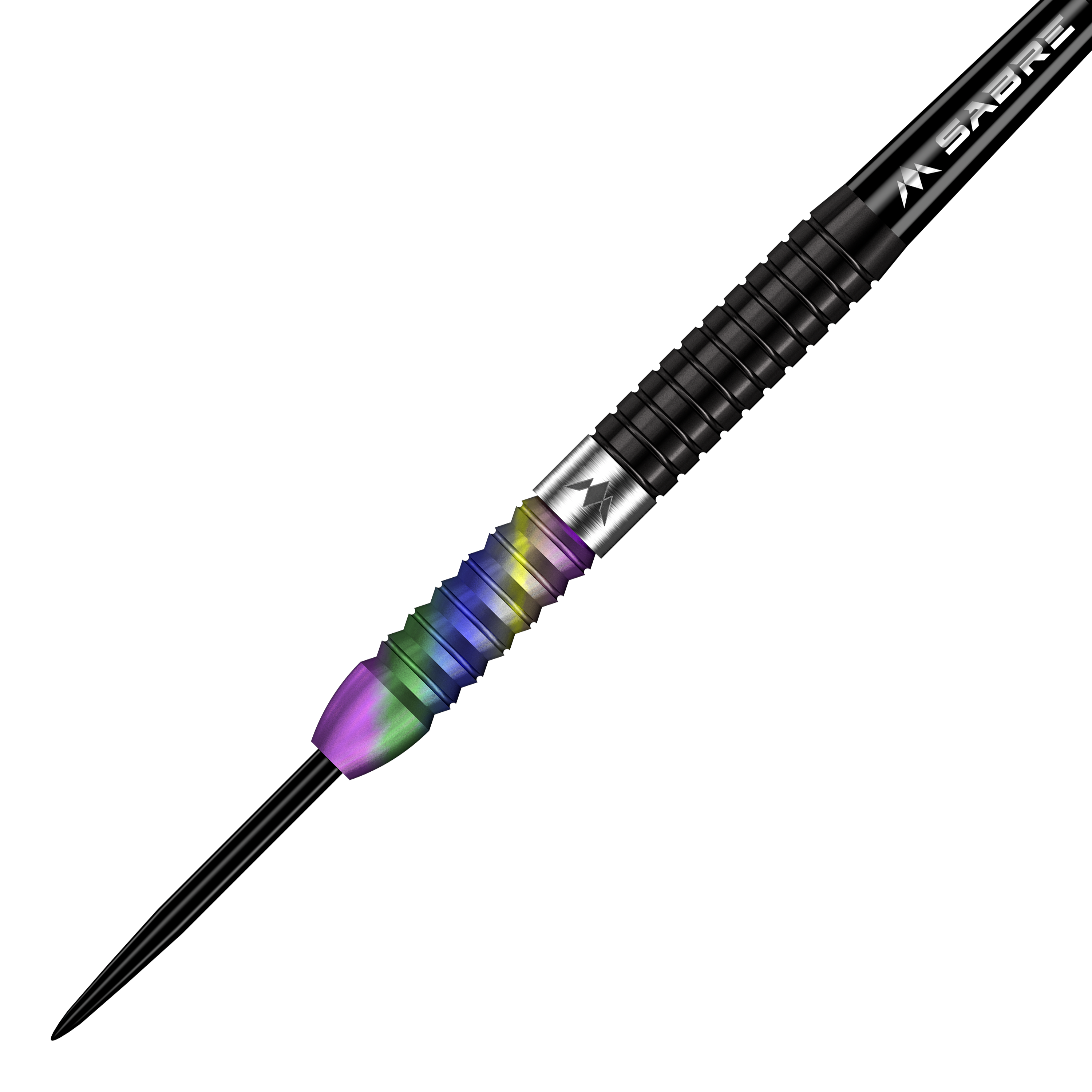 Missione Matt Edgar Steeldarts Das Bild zeigt einen Mission Matt Edgar Steeldart mit einem bunten, regenbogenfarbenen Griff. Der Dart hat ein schwarzes Schaftstück und eine scharfe Spitze.