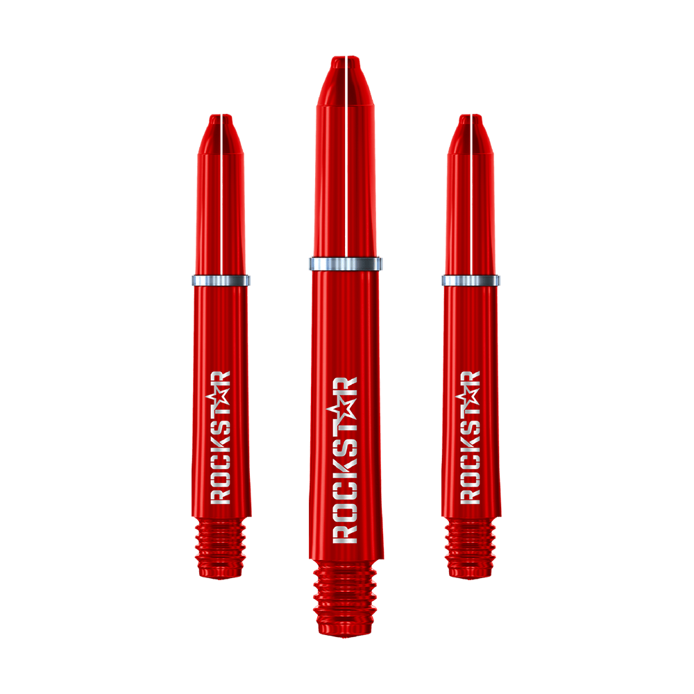 Alberi in nylon Winmau Joe Cullen Rockstar Auf dem Bild sind drei rote Nylon-Dartschäfte mit der Aufschrift "ROCKSTAR" zu sehen. Sie haben silberne Ringe und sind nebeneinander angeordnet.