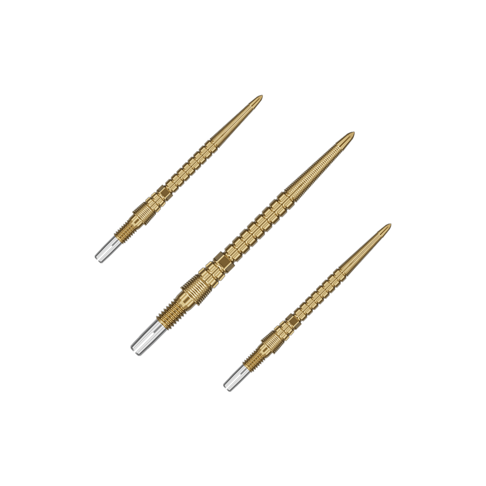 Punte per freccette Target Chrono Swiss Storm Point - Oro Das Set enthält mehrere goldene Dartspitzen. Sie sind gleichmäßig aufgefächert.