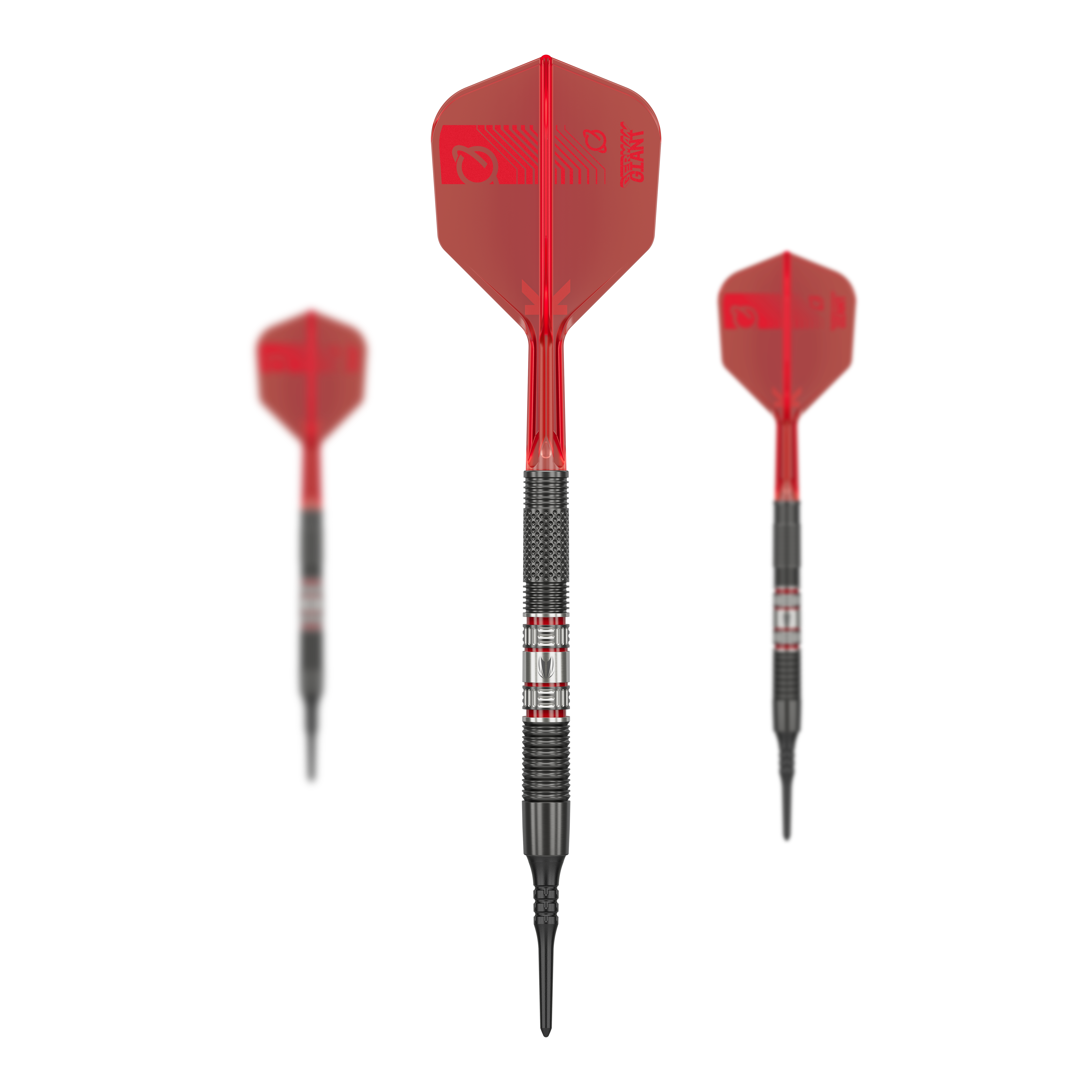 Freccette morbide Target Gabriel Clemens 95K - 19 g Das Bild zeigt drei Softdarts des Modells "Target Gabriel Clemens 95K Softdarts - 19g". Die Darts haben rote Flights und einen silber-schwarzen Barrel mit markanten Rillen.