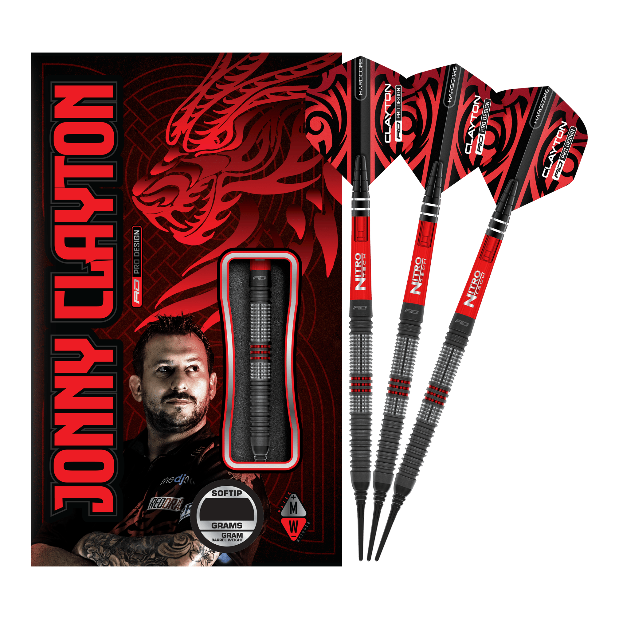 Freccette morbide Red Dragon Jonny Clayton Hiraeth - 20 g Das Bild zeigt das Produkt „Red Dragon Jonny Clayton Hiraeth Softdarts - 20g“ mit drei roten und schwarzen Softdarts neben der Verpackung. Auf der Verpackung ist ein Porträt von Jonny Clayton sowie ein roter Drachen zu sehen.