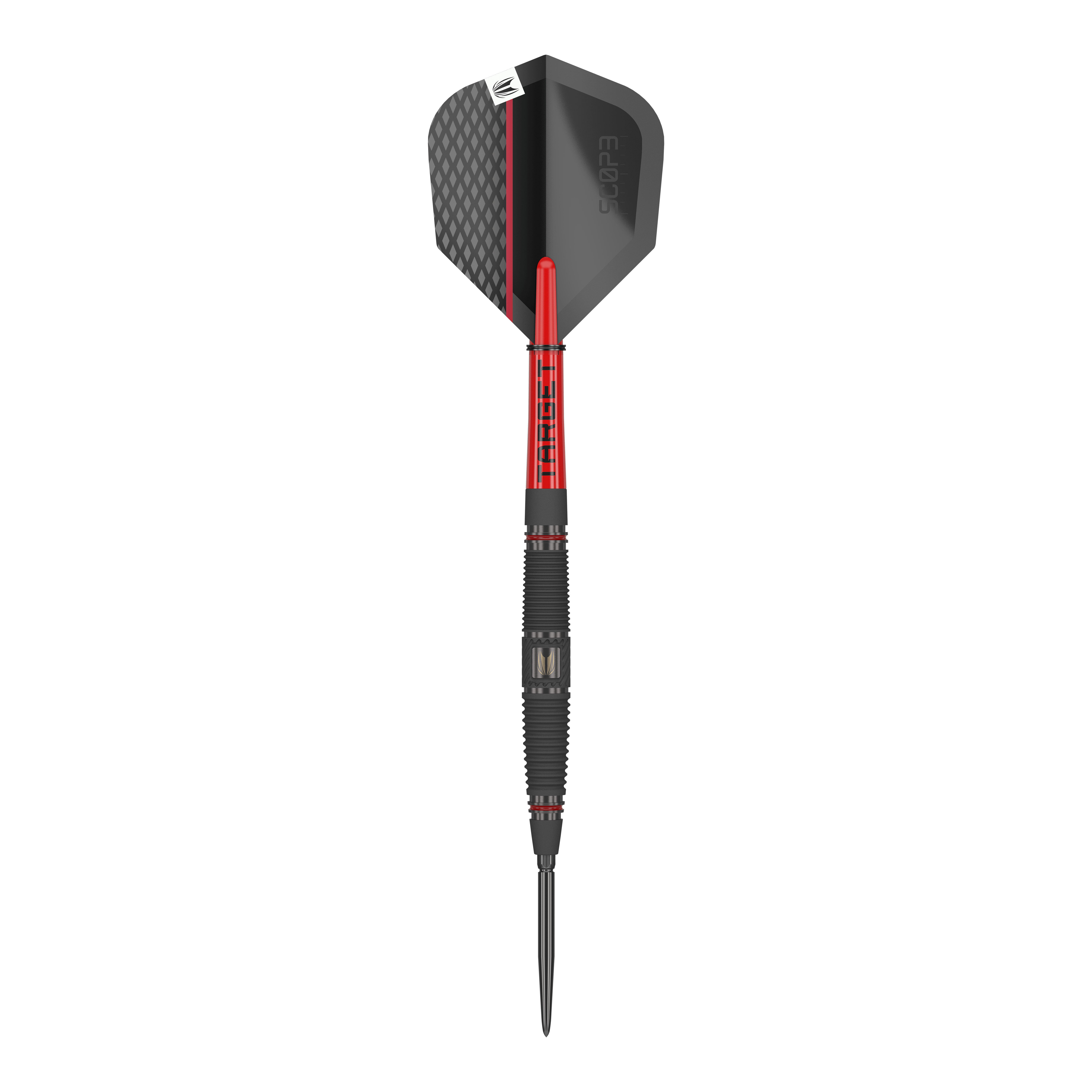 Target Scope 04 freccette in acciaio Swiss Point Dies ist der Target Scope 04 Swiss Point Steeldart. Er hat ein modernes Design mit schwarzen und roten Akzenten.