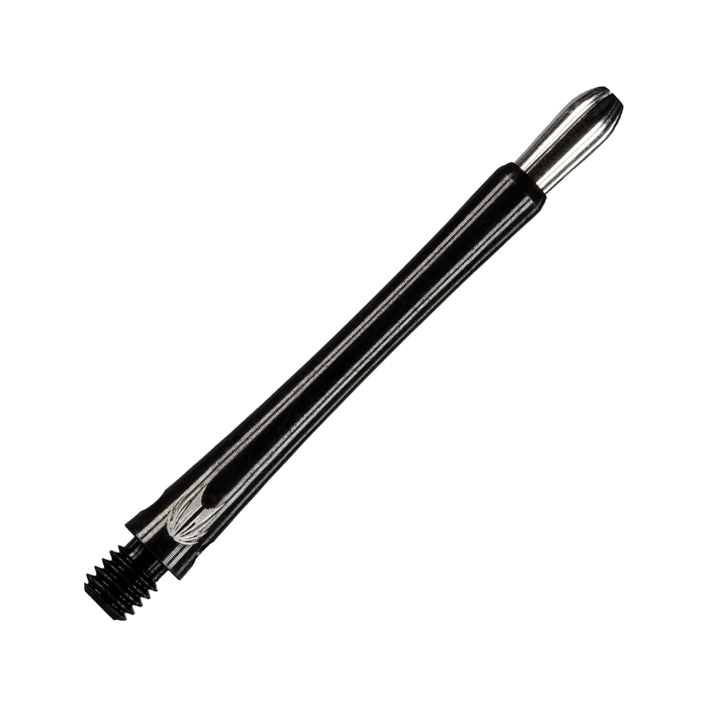 Das Bild zeigt einen schwarzen Aluminium-Dartshaft mit Gewinde. Das schlanke Design sorgt für einen sicheren Halt und eine elegante Optik.
