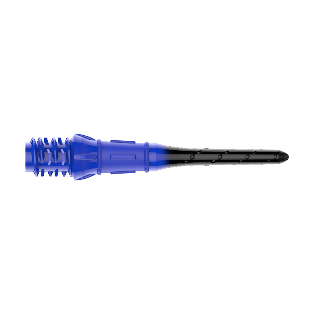 Punte a freccia graduate L-Style Premium Lippoint (confezione da 30) Die Abbildung zeigt eine Dartspitze in den Farben Blau und Schwarz. Sie hat ein Schraubgewinde auf der linken Seite und läuft nach rechts spitz zu.