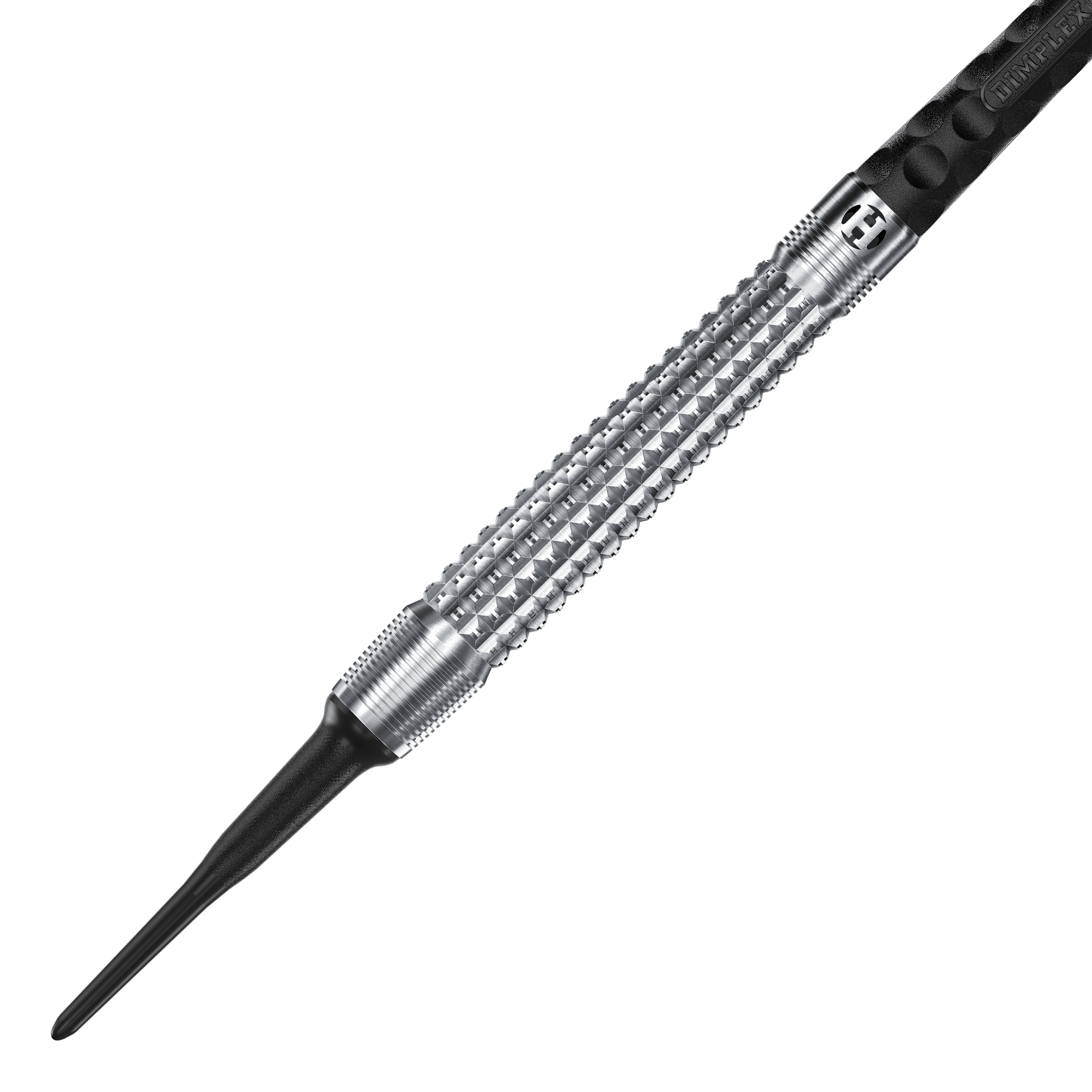 Freccette morbide coniche Harrows Dimplex S3 Das Bild zeigt einen Harrows Dimplex S3 Tapered Softdart. Der Dartpfeil hat eine silberne, geriffelte Metallspitze und einen schwarzen Schaft.