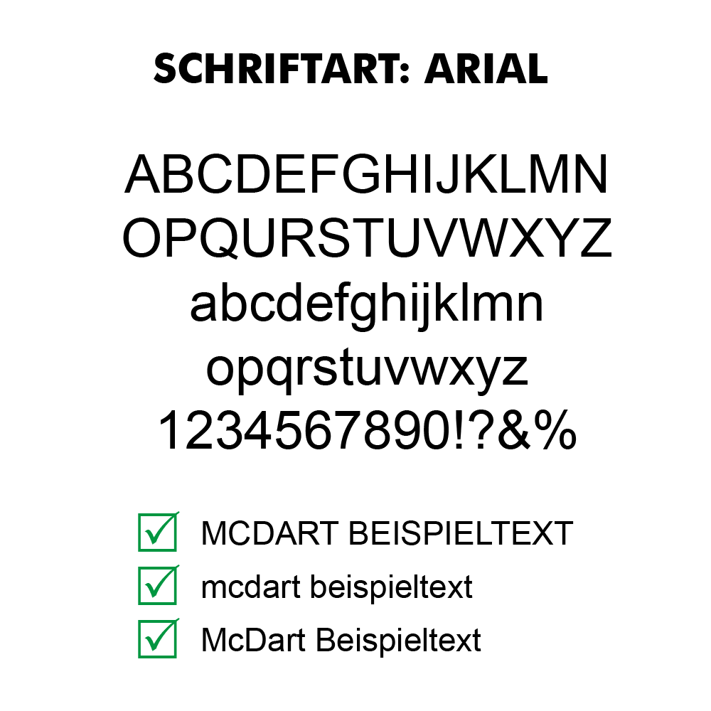 Flightdruck_Schriftart_Arial Schriftmuster eines Dart-Flights im Arial-Stil. Schwarzer Text auf weißem Flight sichtbar.