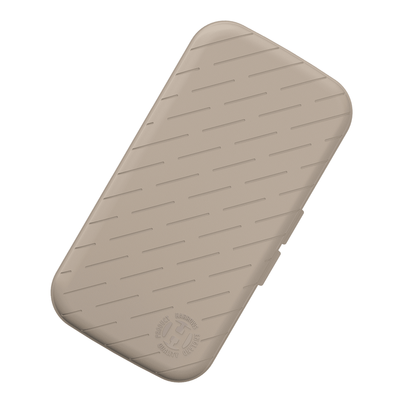 Custodia per freccette Harrows Slimcase Die Abbildung zeigt ein schlankes Dart-Etui in steingrauer Farbe. Die Oberfläche ist mit schrägen Linien und einem geprägten Logo verziert.