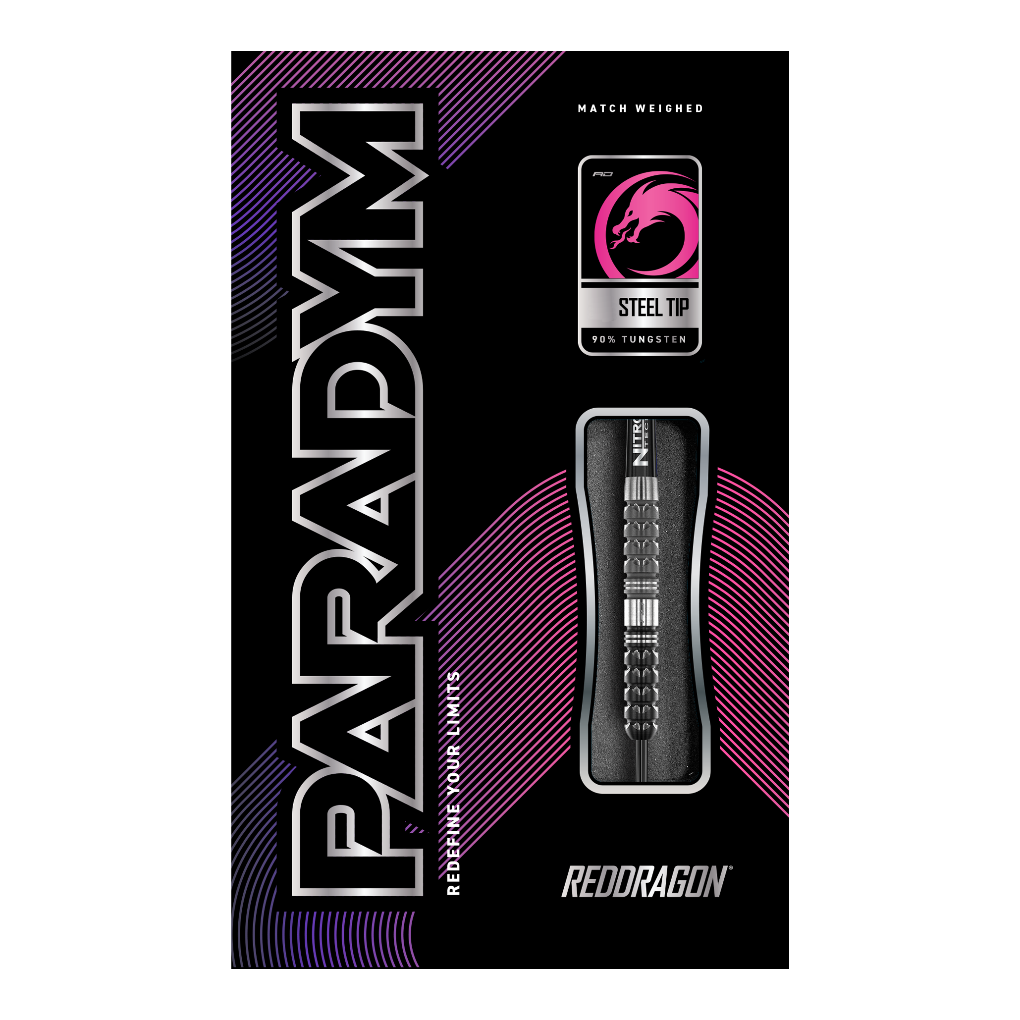 Freccette in acciaio coniche Paradym Red Dragon Die Abbildung zeigt die Verpackung der "Red Dragon Paradym Tapered Steeldarts". Auf der Packung sind die Begriffe "Steel Tip", "90% Tungsten" und das Red Dragon Logo zu sehen.
