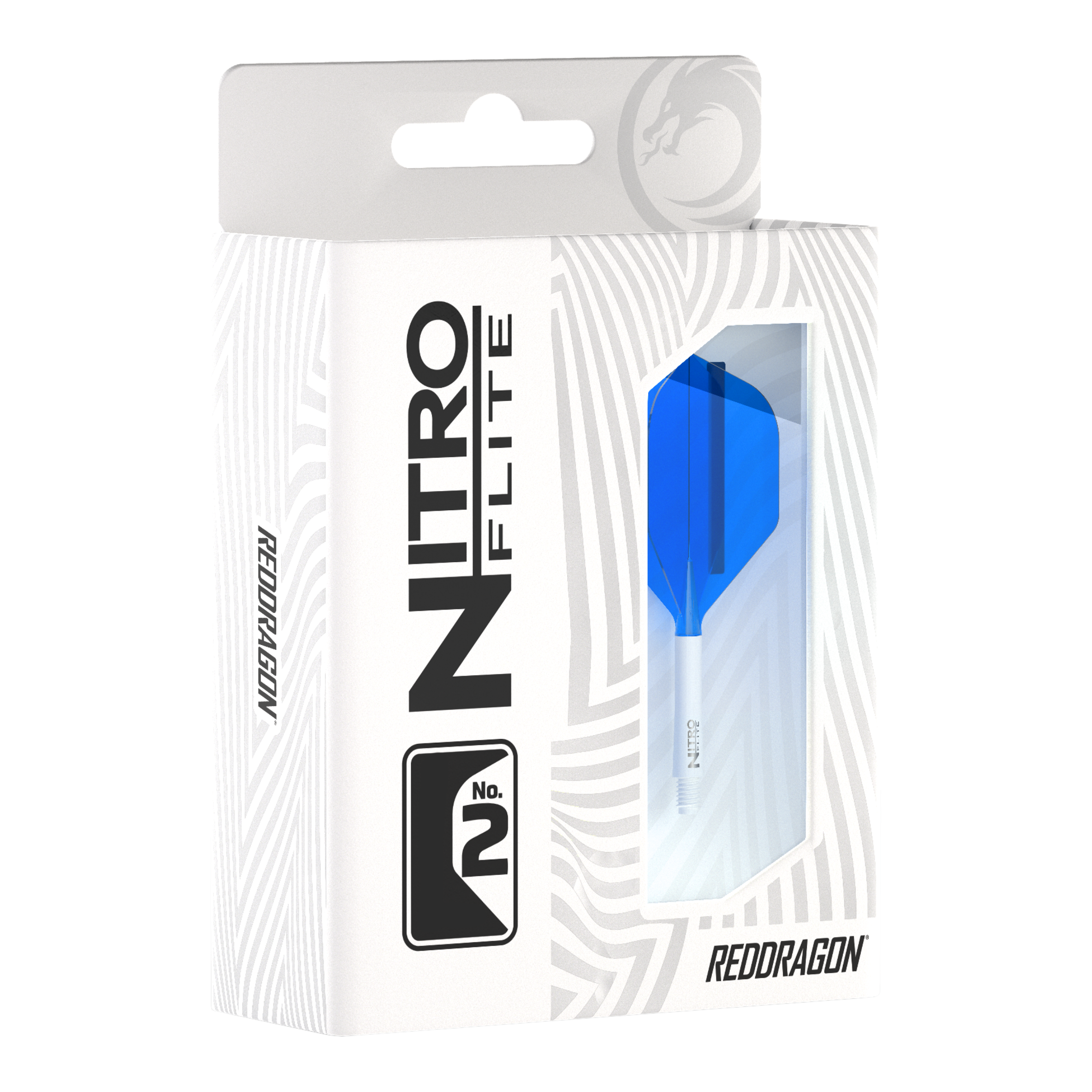 Red Dragon Nitroflite - White Shaft Blue No2 Flights Die Abbildung zeigt eine Packung Red Dragon Nitroflite mit einem weißen Schaft und blauen No2-Flights. Die Verpackung ist überwiegend weiß mit einem Sichtfenster, durch das der blaue Flight zu sehen ist.