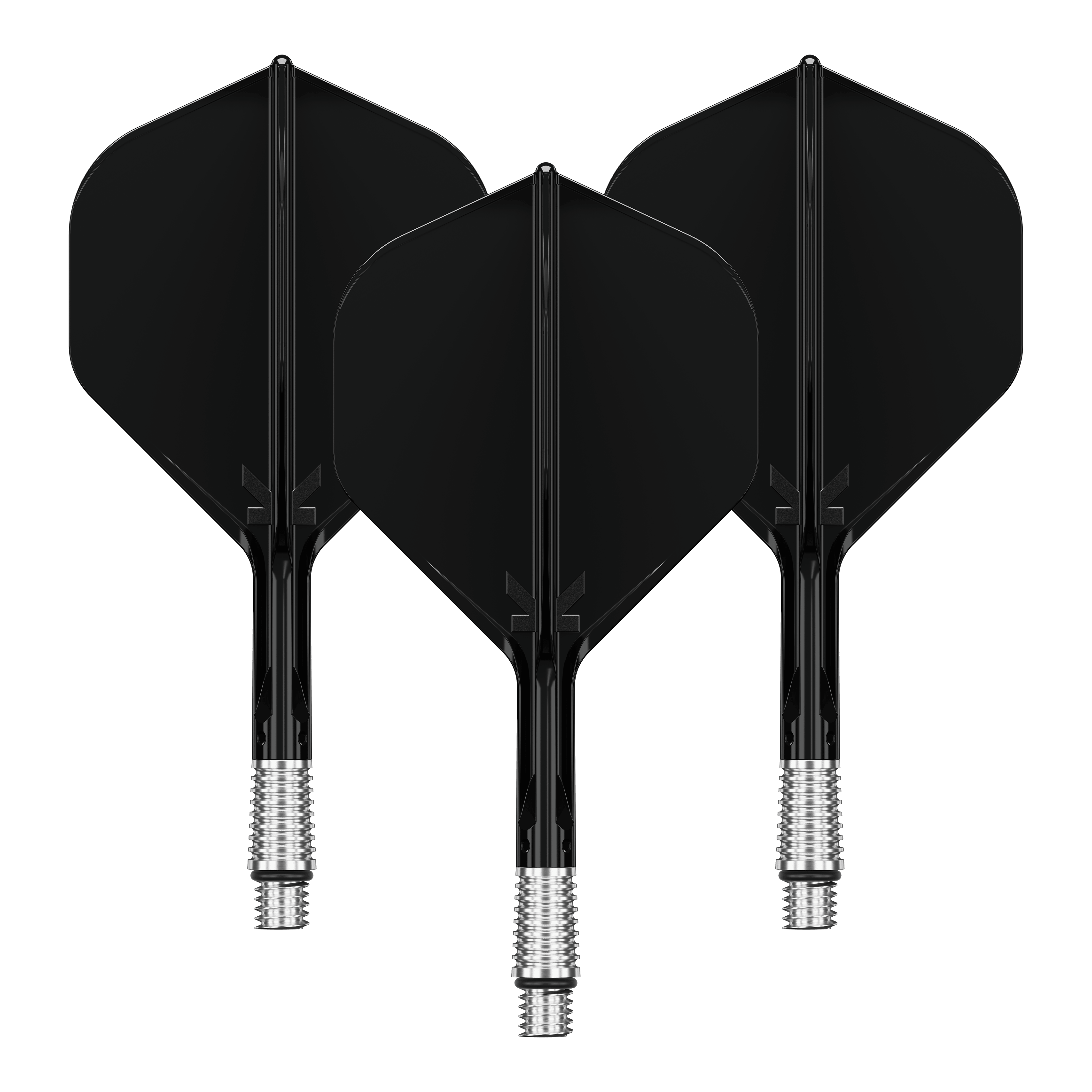 Ein Dart-Flight in schwarzer Farbe, etwa 26 mm groß. Das Produktbild zeigt die Standardform des Dart-Flights.