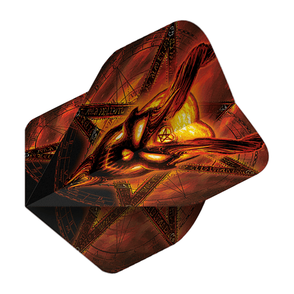 Voli standard n. 2 del Tempio in fiamme dell'alchimia Das Bild zeigt das Produkt „Alchemy Burning Temple No2 Standard Flights“. Es hat ein auffälliges, feuriges Design mit einem brennenden Motiv und mystischen Symbolen.