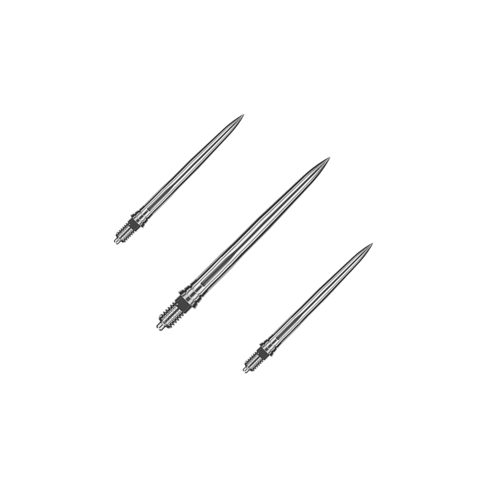 Punte per freccette Caliburn EZ-EVO - Lisce - Argento Das Bild zeigt ein Set aus glatten silbernen Dartspitzen. Die Spitzen sind ordentlich nebeneinander angeordnet.