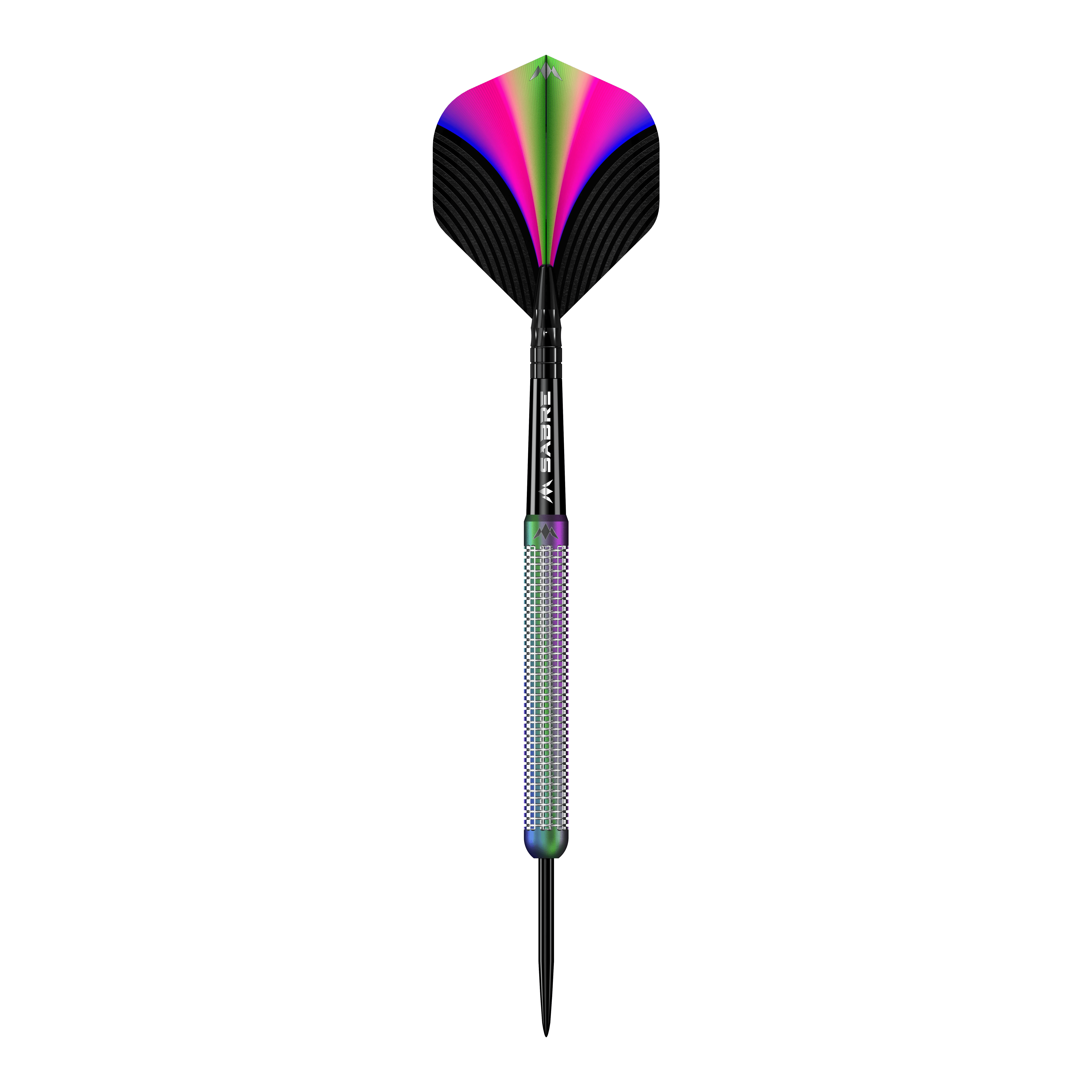 Freccette in acciaio PVD Mission Aurora Coral - 23 g Das Bild zeigt den Mission Aurora Coral PVD Steeldart mit einem Gewicht von 23g. Der Dartpfeil hat bunte, schillernde Farben und ein modernes Design.