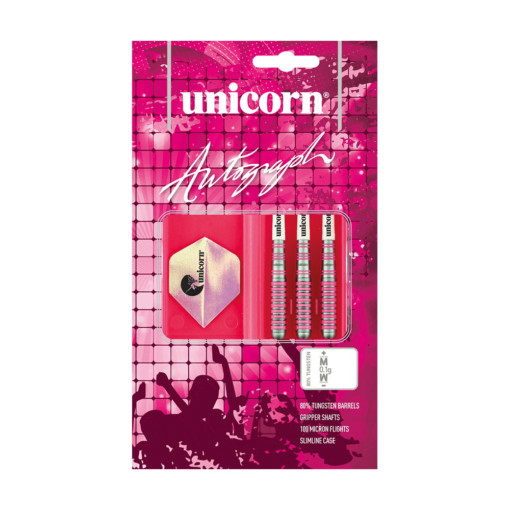 06020_Unicorn_Autograph_Steeldarts_3 Das Bild zeigt eine Verpackung der "Unicorn Autograph Steeldarts". In der Verpackung befinden sich drei Steeldarts sowie Zubehör, alles auf einem pinken Hintergrund.