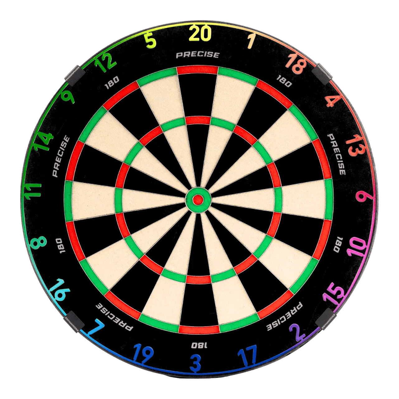 Bersaglio per freccette in acciaio Precise 180 Endorphine con anello numerico - Spectrum Zu sehen ist das Precise 180 Endorphine Steeldartboard mit Nummernring – Spectrum. Das Dartboard ist frontal abgebildet.