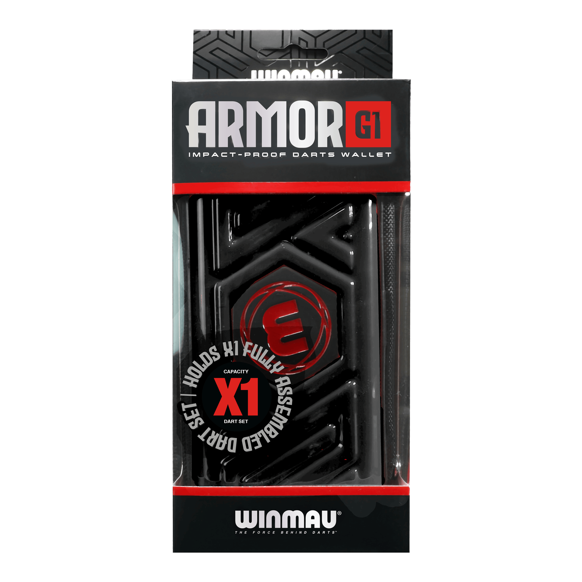 Portafoglio per freccette Winmau Armor G1 Das Bild zeigt eine schwarze Darttasche von Winmau mit dem Namen "Armor G1". Die Verpackung betont, dass sie stoßfest ist und ein vollständig montiertes Dart-Set aufnehmen kann.