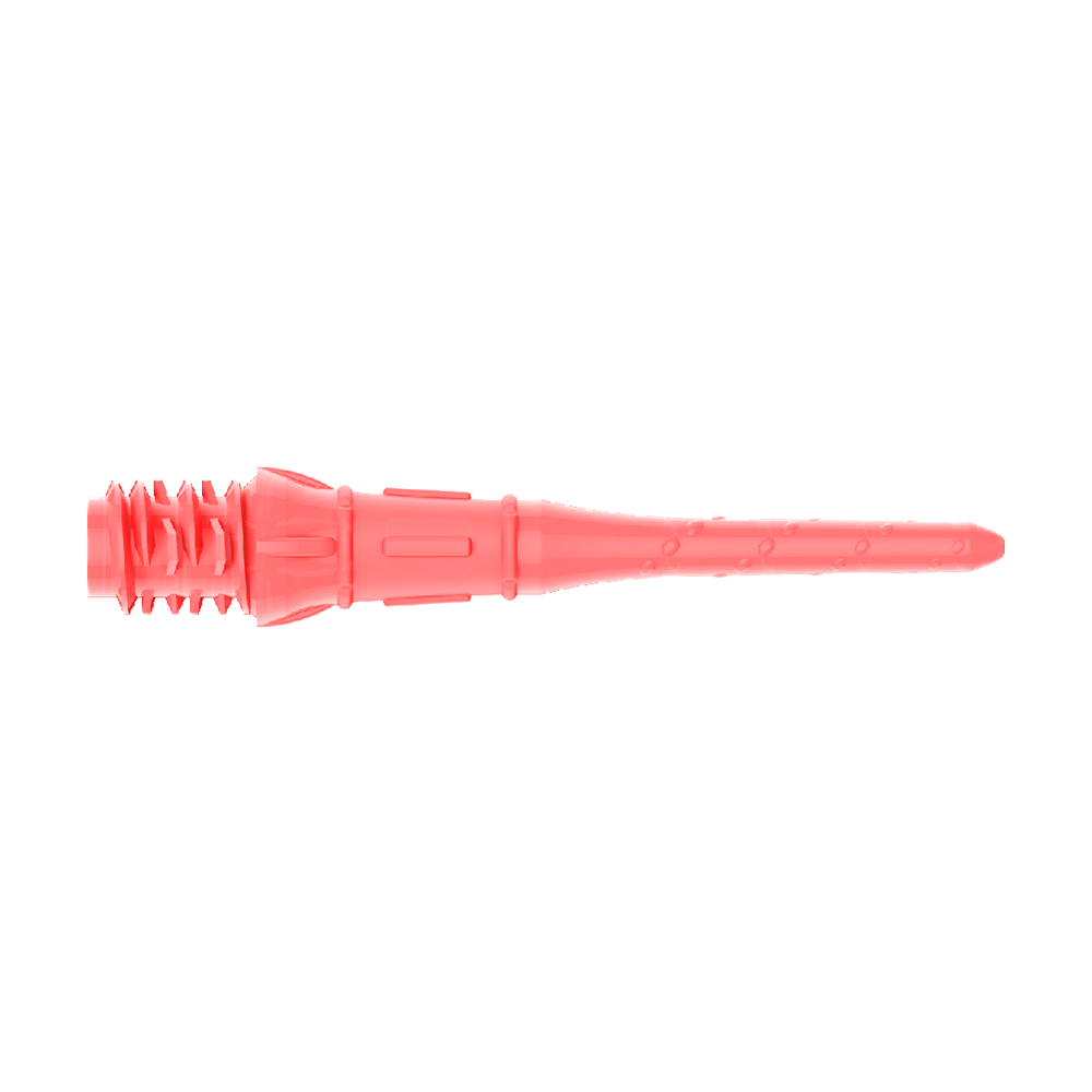 Das Bild zeigt eine pinke Dartspitze aus Kunststoff. Sie ist lang, schmal und hat an einem Ende Gewinde für die Befestigung.