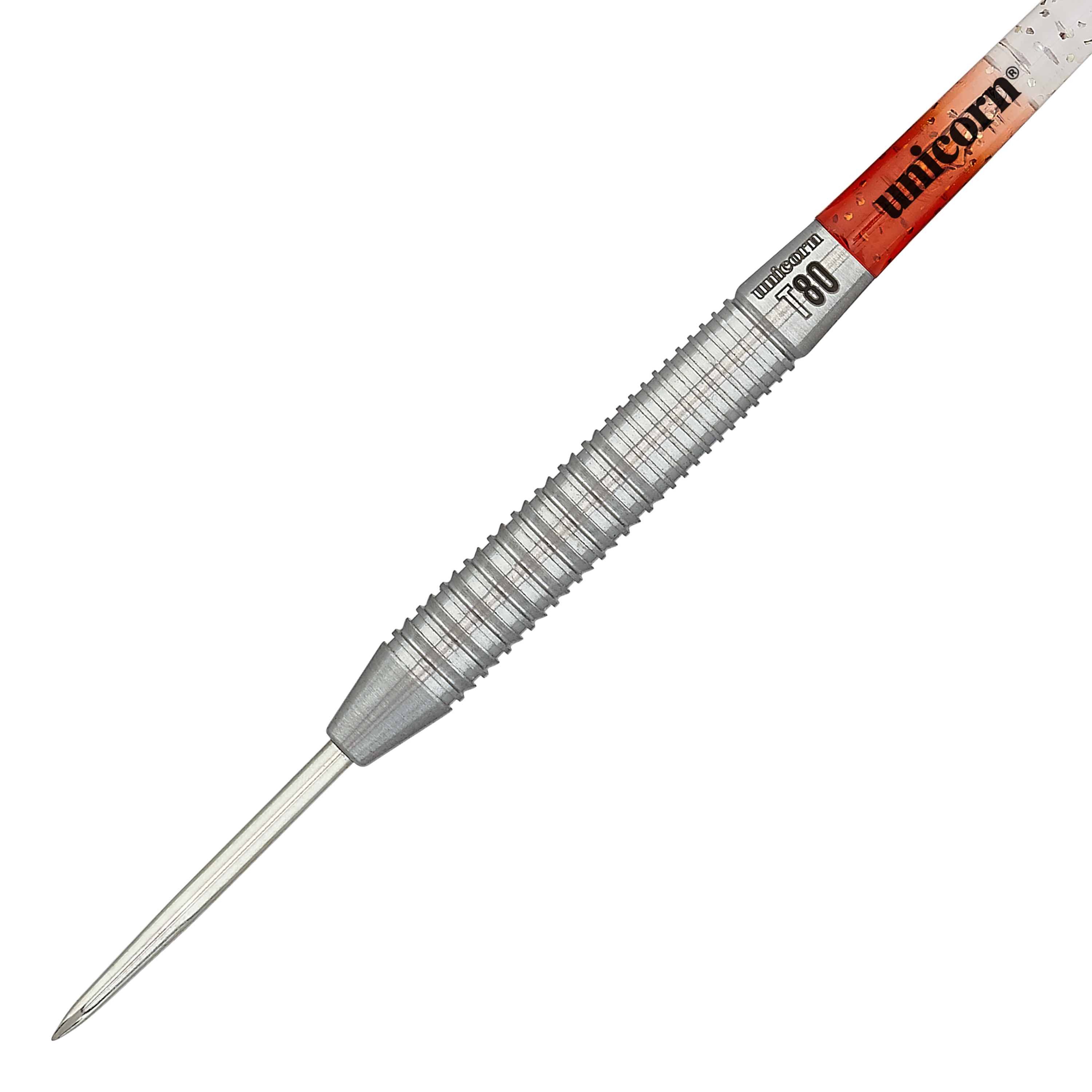 Freccette in acciaio Unicorn Core XL Striker Style 1 - 22 g Das Bild zeigt einen silberfarbenen Steeldart mit gerilltem Griff. Auf dem Schaft steht "Unicorn" und das Modell ist "Core XL Striker Style 1" mit 22g Gewicht.