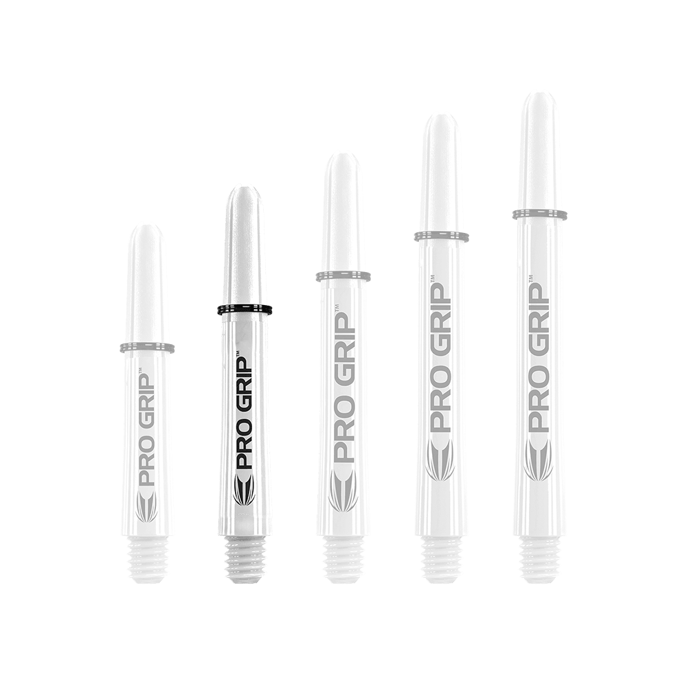 Target Pro Grip Shafts - 3 set - Bianco Auf dem Bild sind fünf weiße Dart-Schäfte in verschiedenen Längen zu sehen. Sie tragen alle die Aufschrift "PRO GRIP".