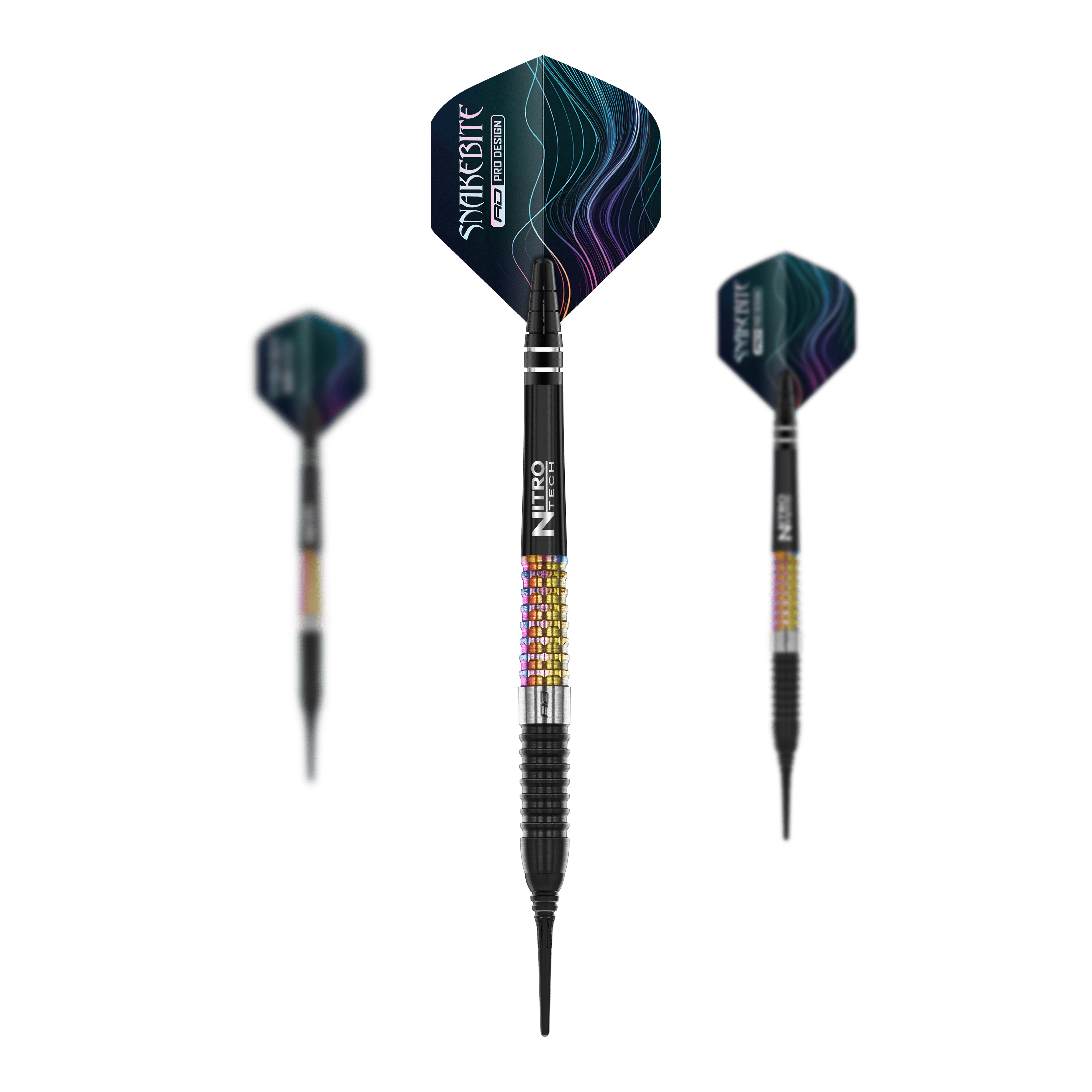 Freccette morbide Red Dragon Peter Wright Corra - 18 g Das Bild zeigt drei Softdarts des Modells „Red Dragon Peter Wright Corra Softdarts - 18g“. Die Darts haben bunte, strukturierte Griffe und schwarze Flights mit einem wellenförmigen Muster.