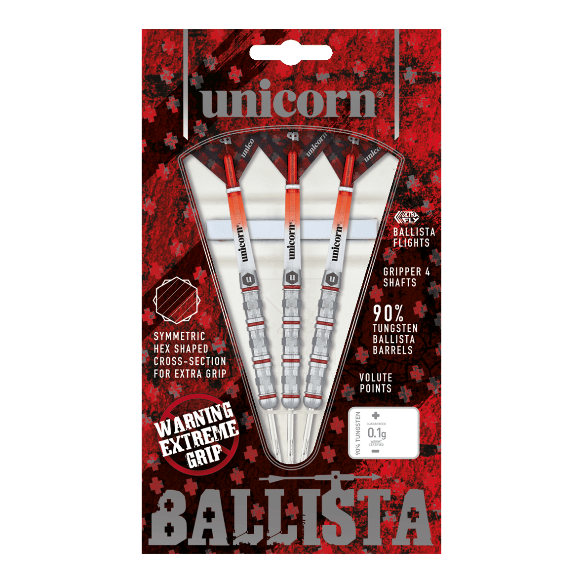 Unicorn Ballista Style 4 dardi in acciaio Auf dem Bild ist das Produkt "Unicorn Ballista Style 4 Steeldarts" zu sehen. Die Verpackung zeigt drei Steeldarts mit auffälligem Design und betont ihre hohe Griffigkeit und den 90%igen Wolframanteil.