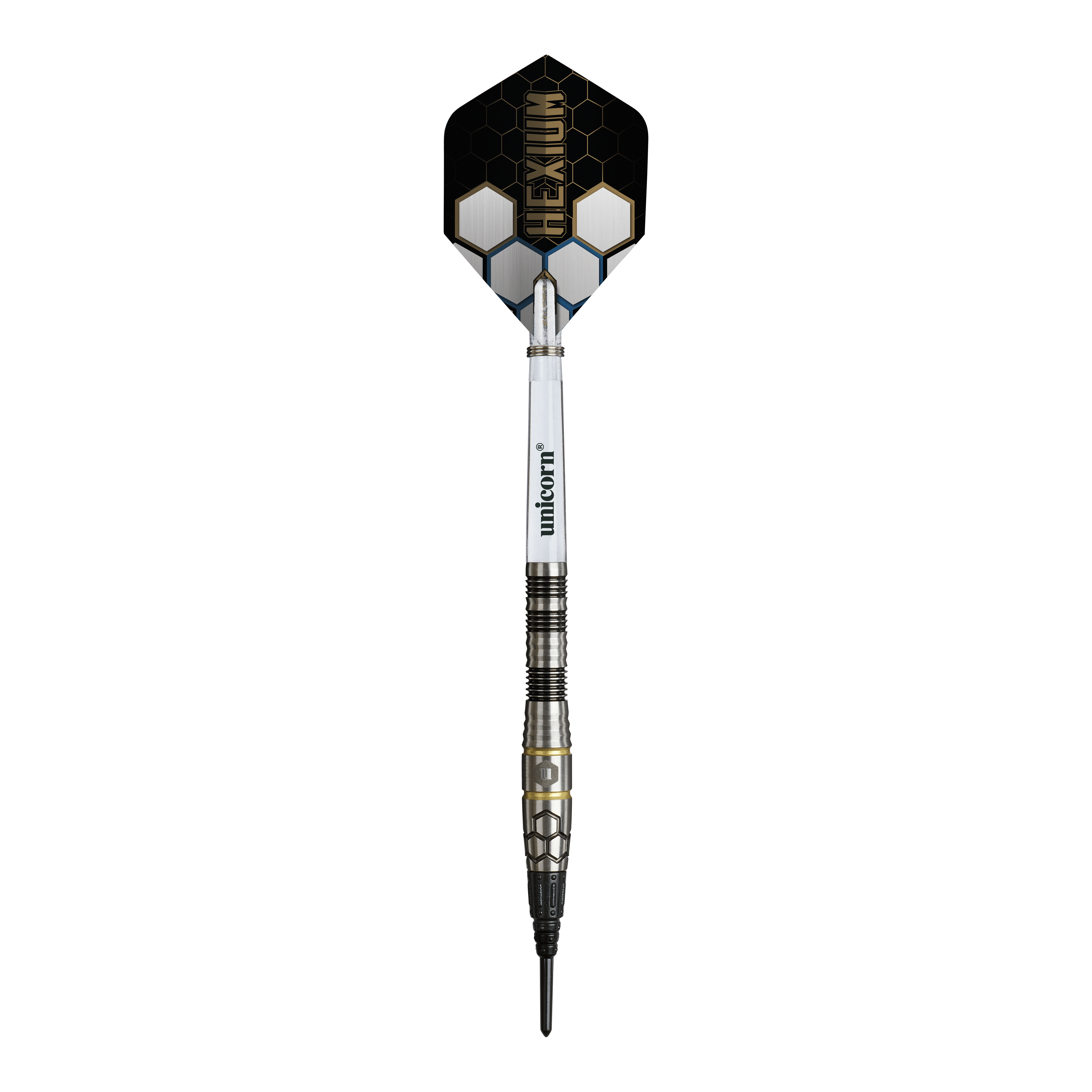 Freccette morbide Unicorn Hexium Style 01 nere e oro - 22 g Das Bild zeigt die Unicorn Hexium Style 01 Black & Gold Softdarts mit einem Gewicht von 22 Gramm. Die Darts zeichnen sich durch ihr schwarzes und goldenes Aussehen aus.