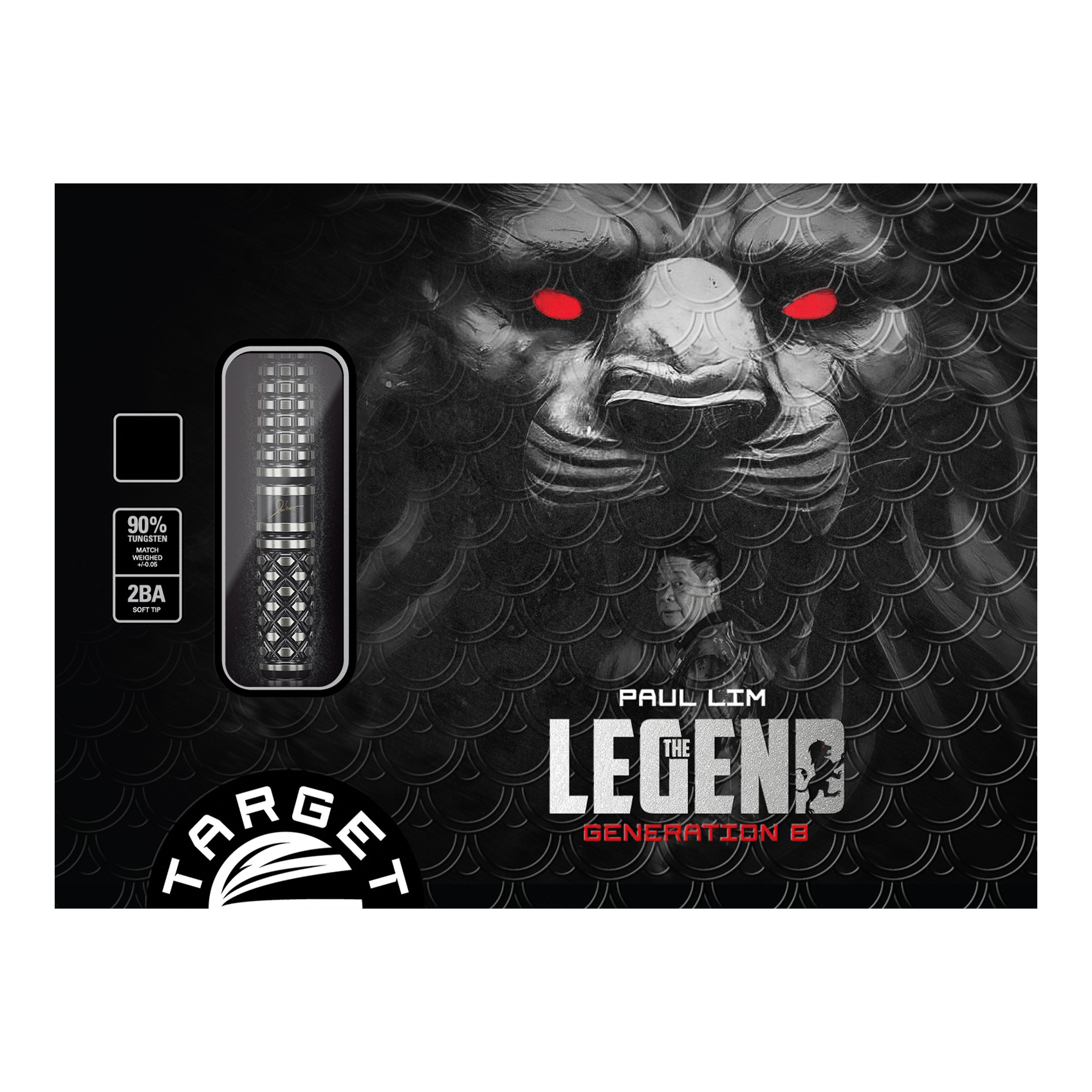 Target Japan Paul Lim The Legend GEN8 Freccette morbide - 19 g Auf dem Bild ist die Verpackung der "Target Japan Paul Lim The Legend GEN8 Softdarts - 19g" zu sehen. Im Hintergrund ist ein Löwengesicht mit leuchtend roten Augen abgebildet.