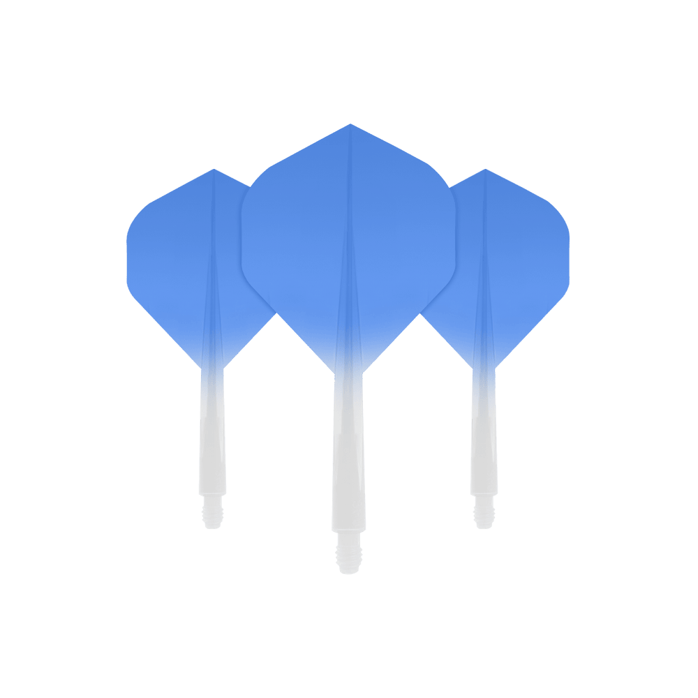 CO-0025_Condor_Axe_Gradient_Blue_Standard_Flights_Short_1 Das Bild zeigt drei kleine Dartflights des Produkts „Condor Axe Gradient Blue Flight-System“. Die Flights haben einen Farbverlauf von Blau oben zu Weiß unten.