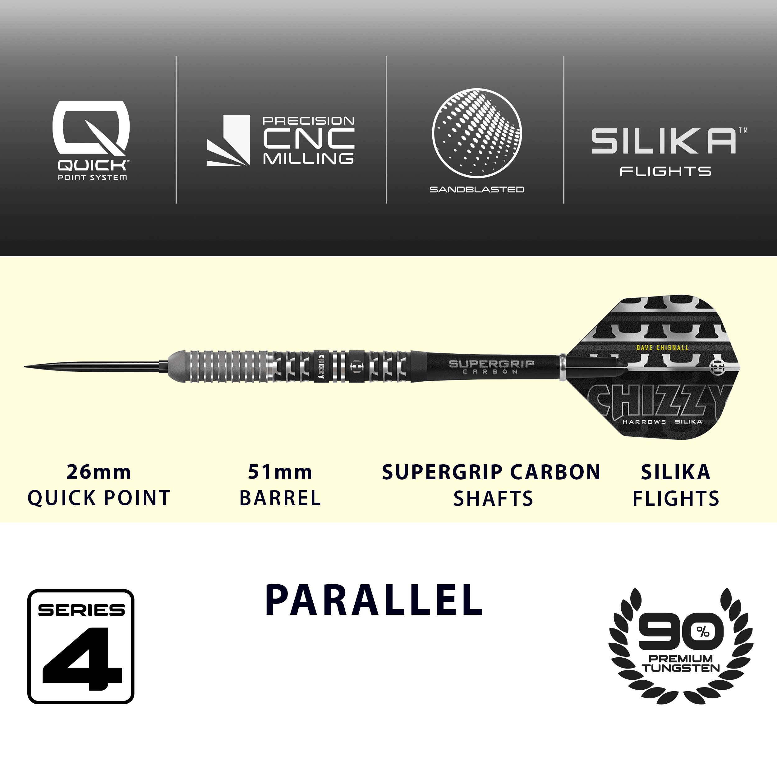 Freccette in acciaio Quick Point Harrows Dave Chisnall Chizzy Series 4 Das Bild zeigt die Harrows Dave Chisnall Chizzy Series 4 Quick Point Steeldarts. Die Darts sind professionell und bekannt für ihre hohe Qualität.