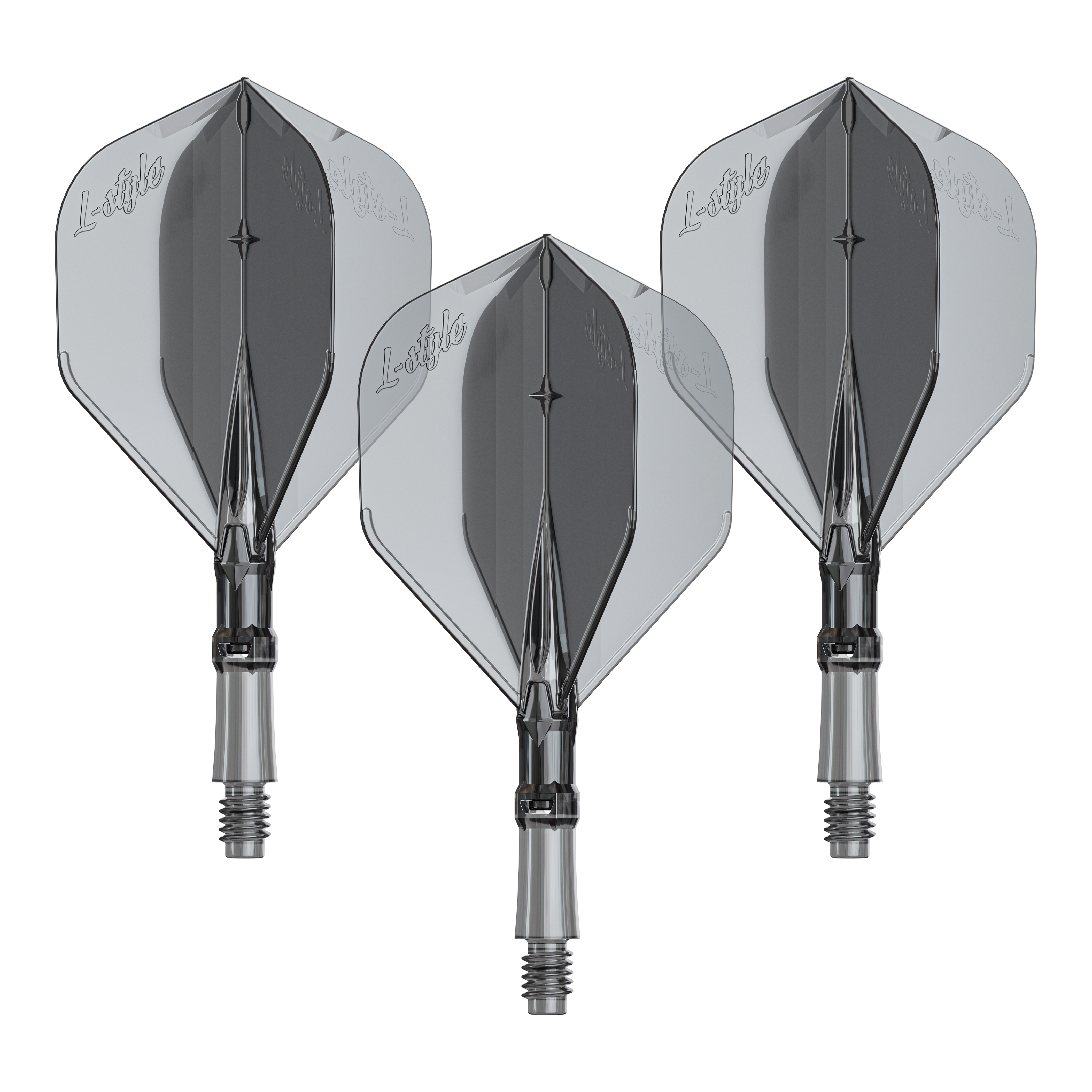 Das Bild zeigt ein Produkt mit dem Namen LS1062_LStyle_L-System_Flights_ClearBlack_Small_190_1Set. Es handelt sich um ein Dartzubehör.