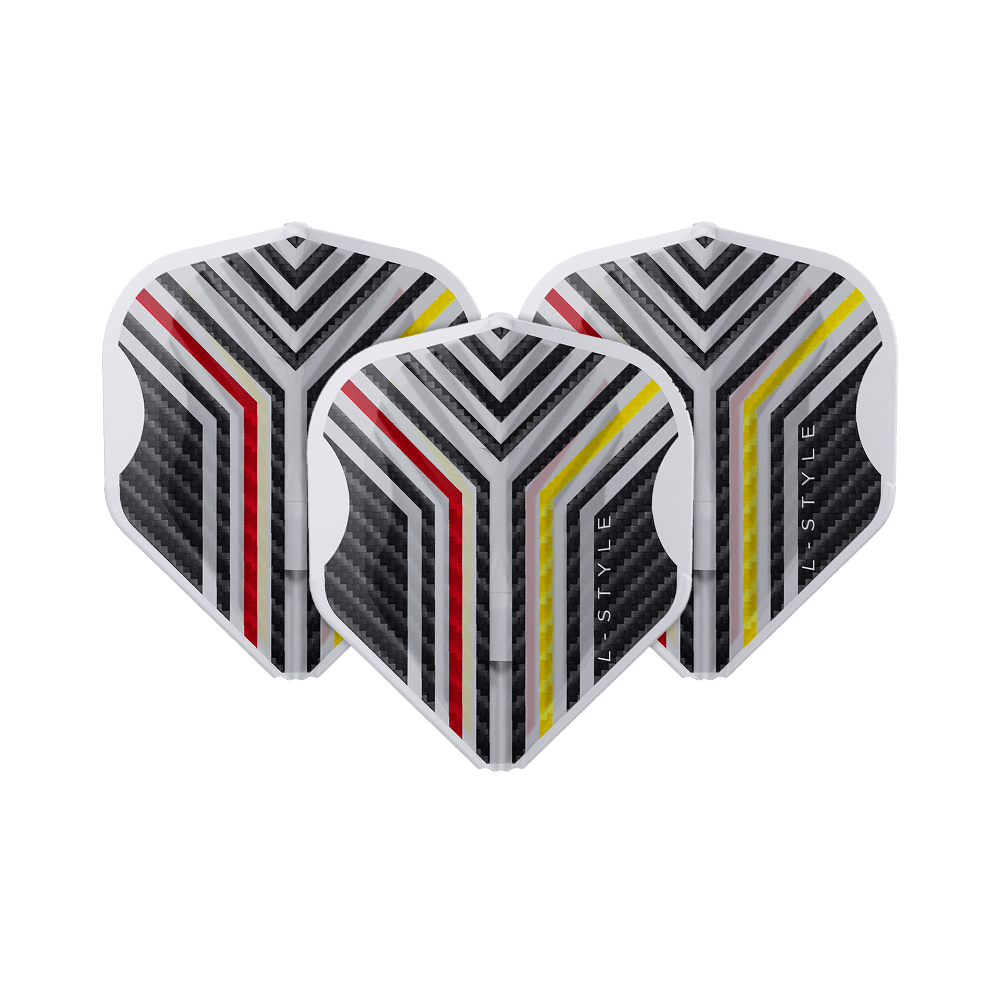 Voli L-Style Arno Merk V1 Clear White L1EZ Das Bild zeigt ein Set L-Style Arno Merk V1 Clear White L1EZ Flights ordentlich ausgelegt. Die Struktur der Flights ist hervortritt.