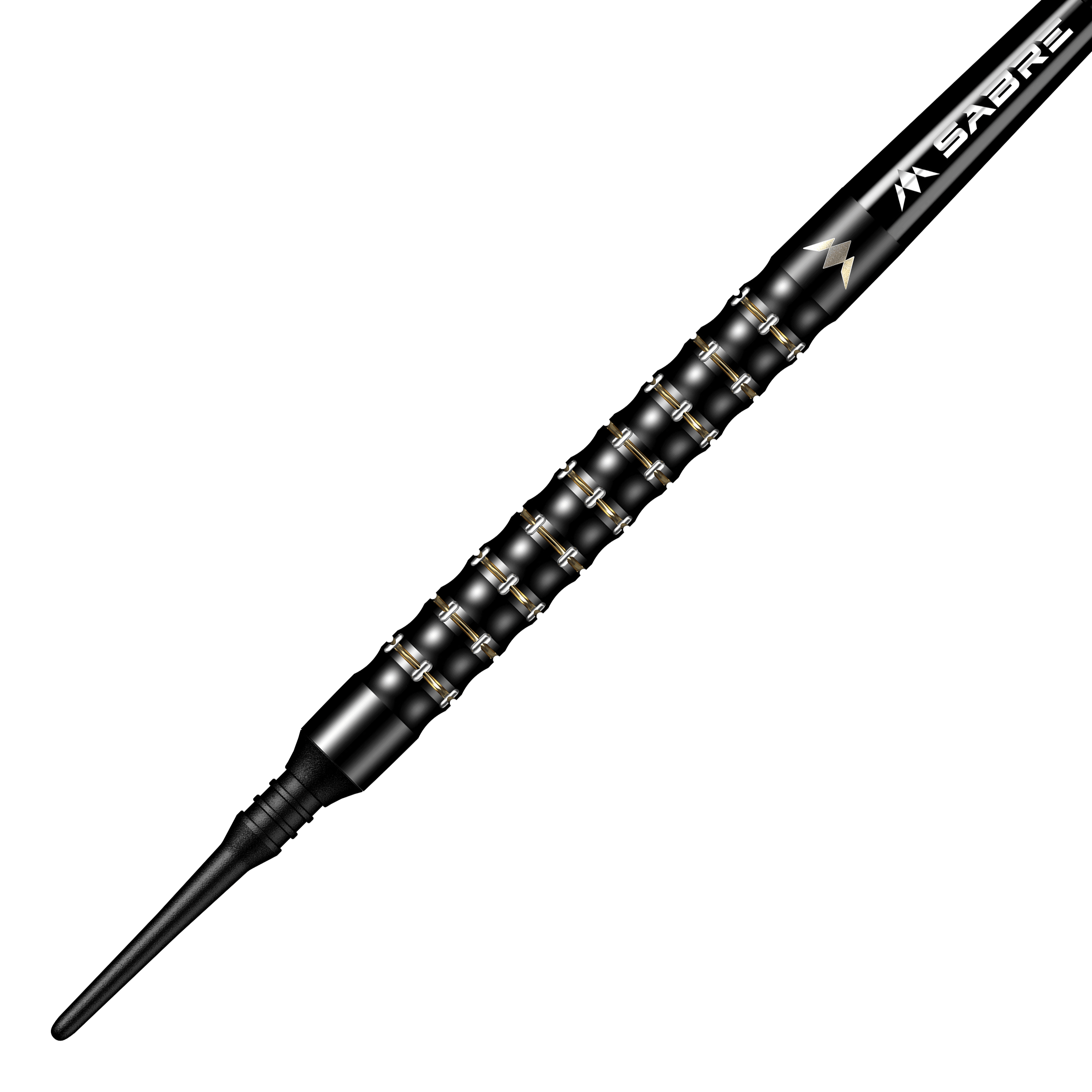 Freccette morbide Mission Mike De Decker MDD Black Gold - 20 g Das Bild zeigt einen Mission Mike De Decker MDD Black Gold Softdart mit einem Gewicht von 20g. Der Dart ist schwarz-gold und hat eine strukturierte Griffzone für besseren Halt.