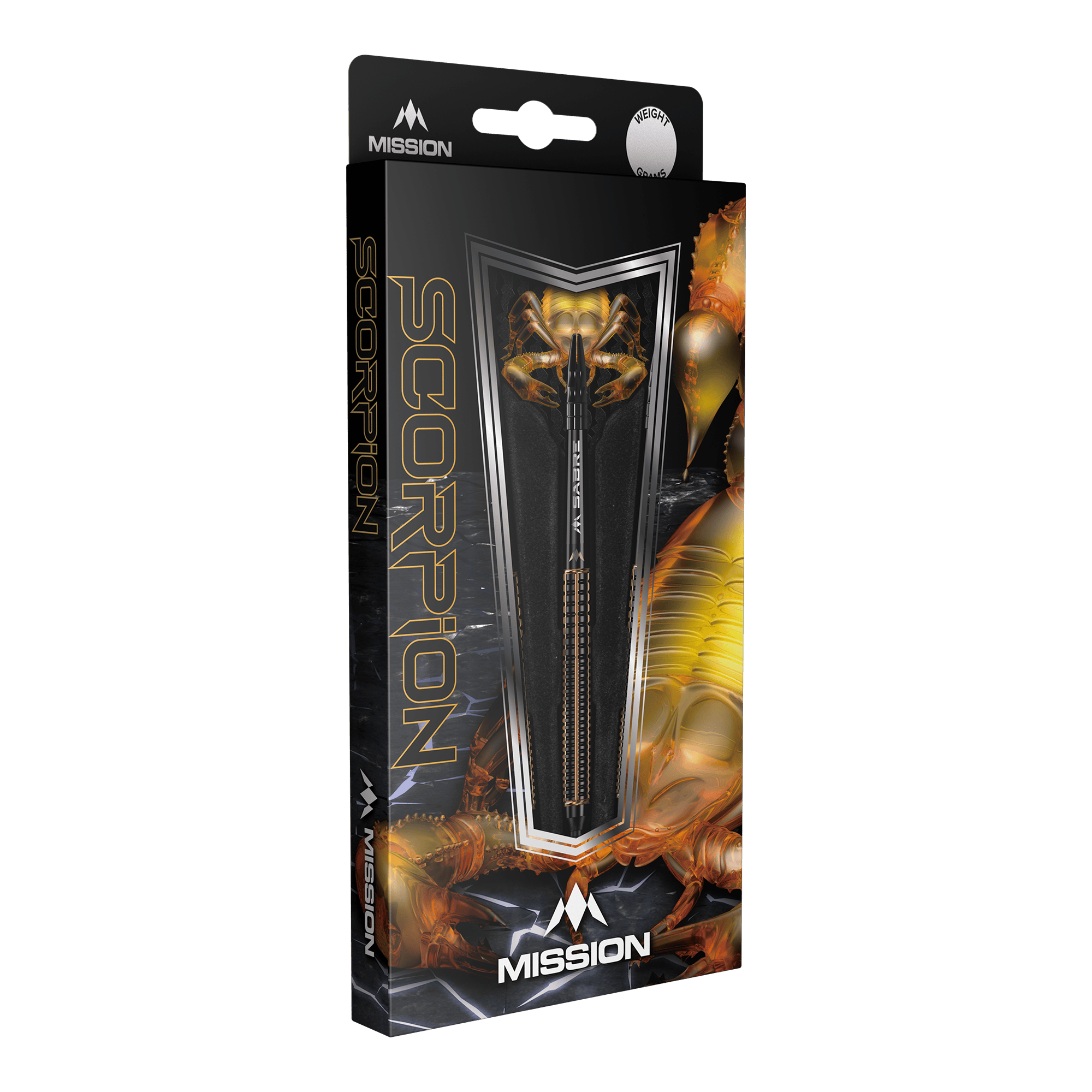 Freccette morbide Mission Scorpion - 19 g Die Abbildung zeigt die Verpackung der "Mission Scorpion Softdarts - 19g". Das Design ist schwarz-gold mit einem Skorpionmotiv und zeigt einen Dartpfeil in der Mitte.