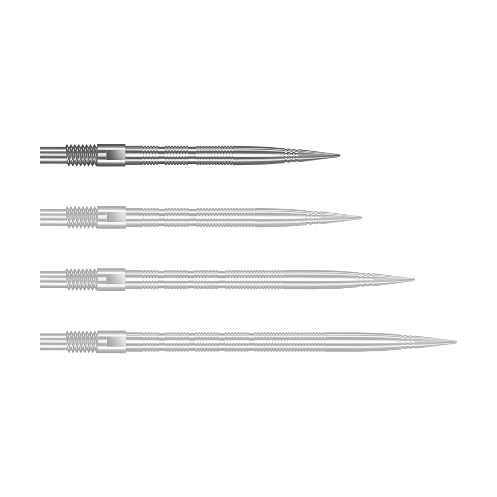 Punte per freccette Harrows Quick Point Micro Ridge - Argento Silberne Harrows Quick Point MicroRidge Dartspitzen mit 26 mm Länge werden dargestellt. Die Spitzen liegen einzeln auf einer hellen Oberfläche.