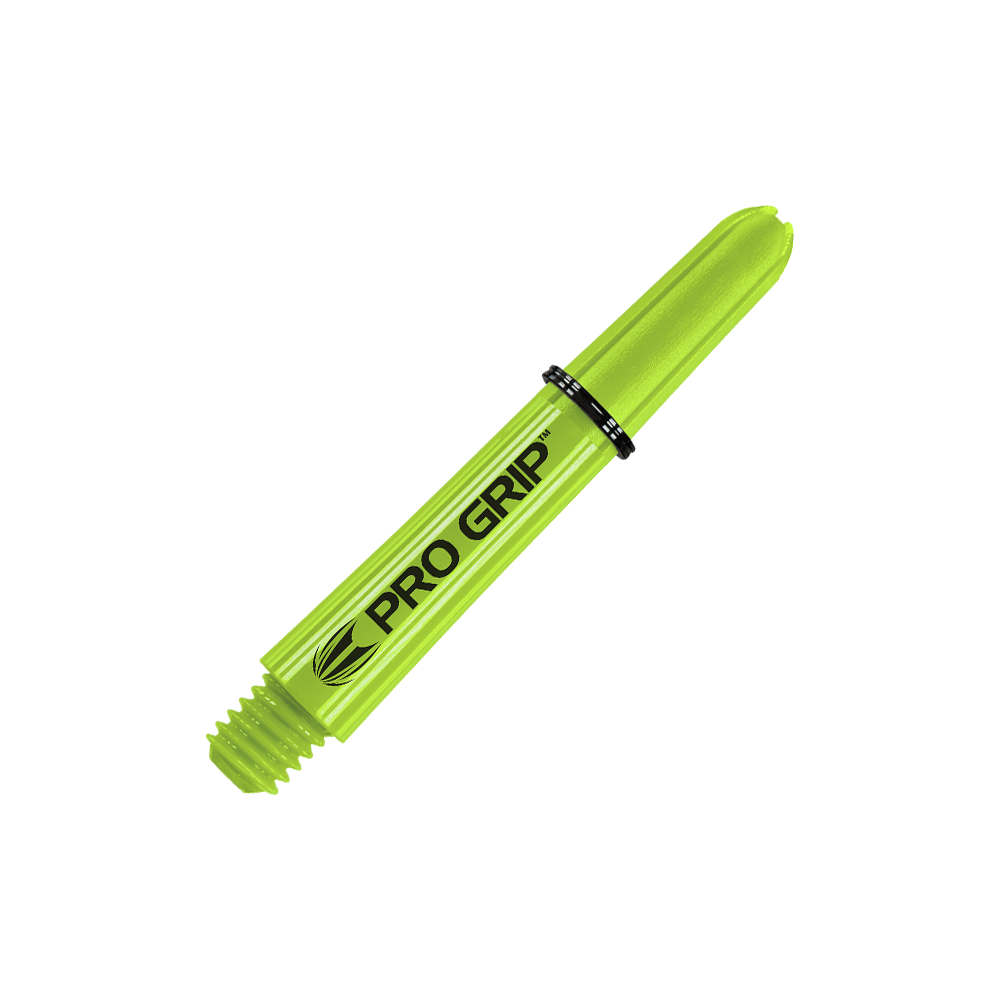 Target Pro Grip Shafts - 3 set - Verde lime Das Bild zeigt einen limegrünen Dartshaft mit der Aufschrift "PRO GRIP". Der Schaft hat ein Schraubgewinde an einem Ende und ist 34 mm lang.