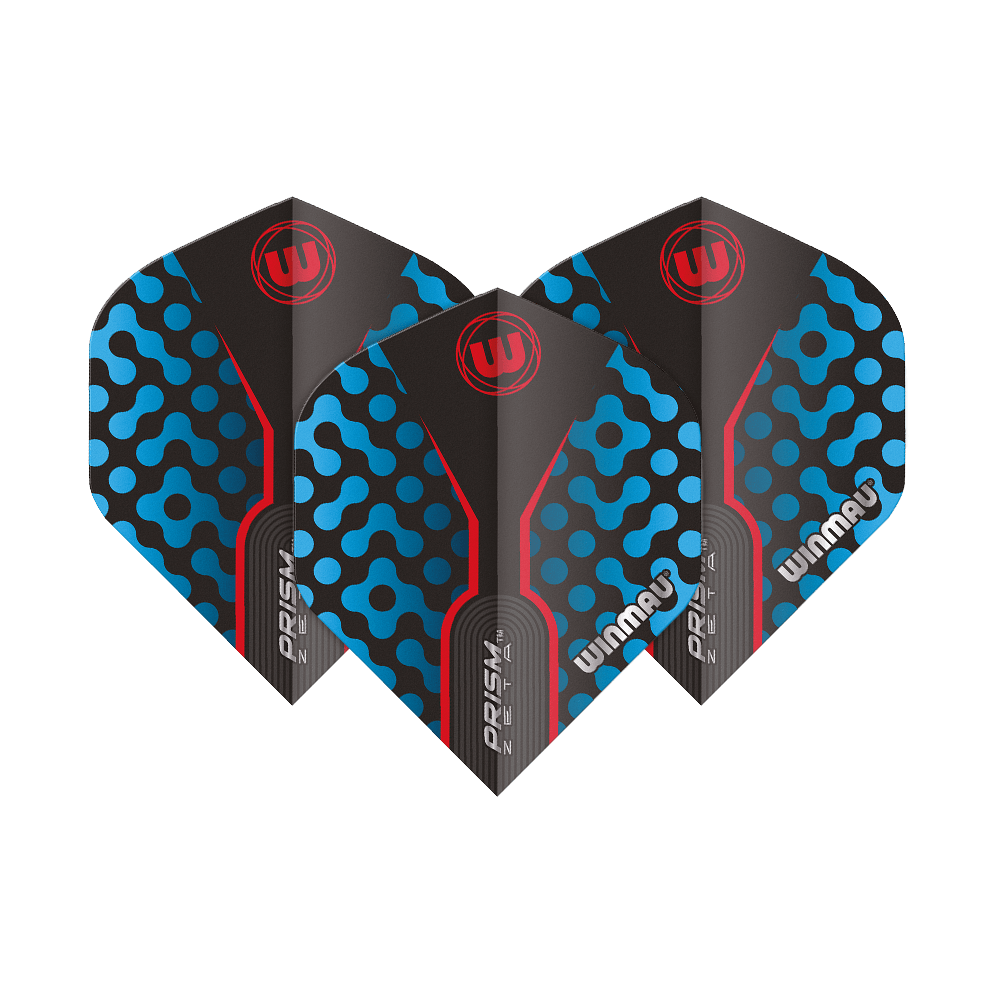 Das Bild zeigt die Winmau Prism Zeta BlueRed Standard Flights. Die Flights sind schwarz mit blauen und roten Akzenten sowie dem Winmau-Logo.